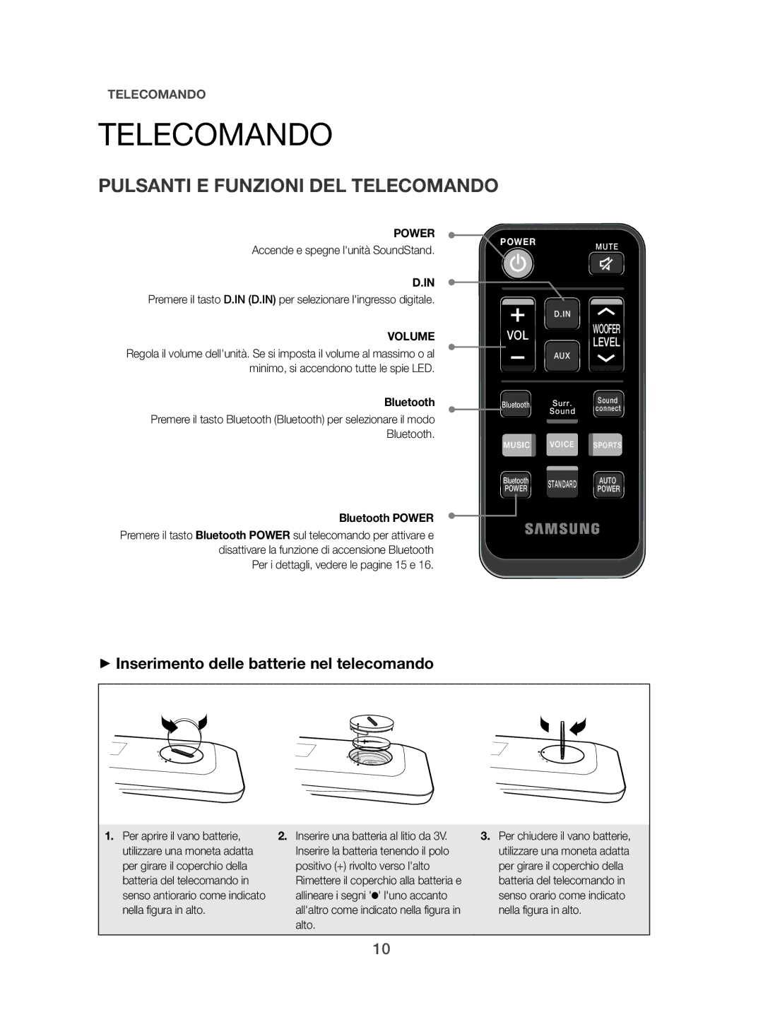 Samsung HW-H500/EN manual Pulsanti E Funzioni DEL Telecomando, ++Inserimento delle batterie nel telecomando, Bluetooth 