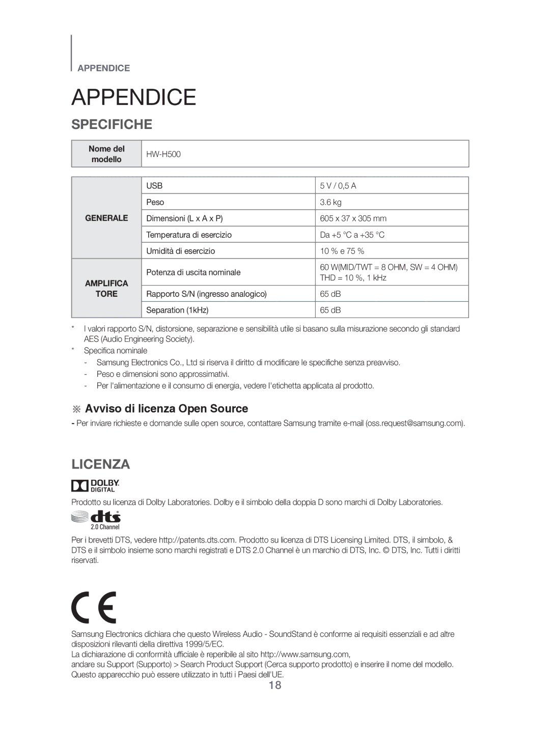 Samsung HW-H500/EN manual Appendice, Specifiche, Licenza, Nome del Modello 