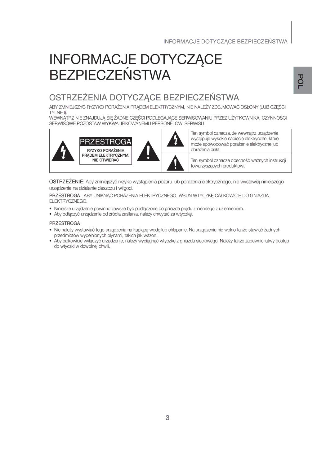 Samsung HW-H500/EN manual Informacje Dotyczące Bezpieczeństwa, Ostrzeżenia Dotyczące Bezpieczeństwa 