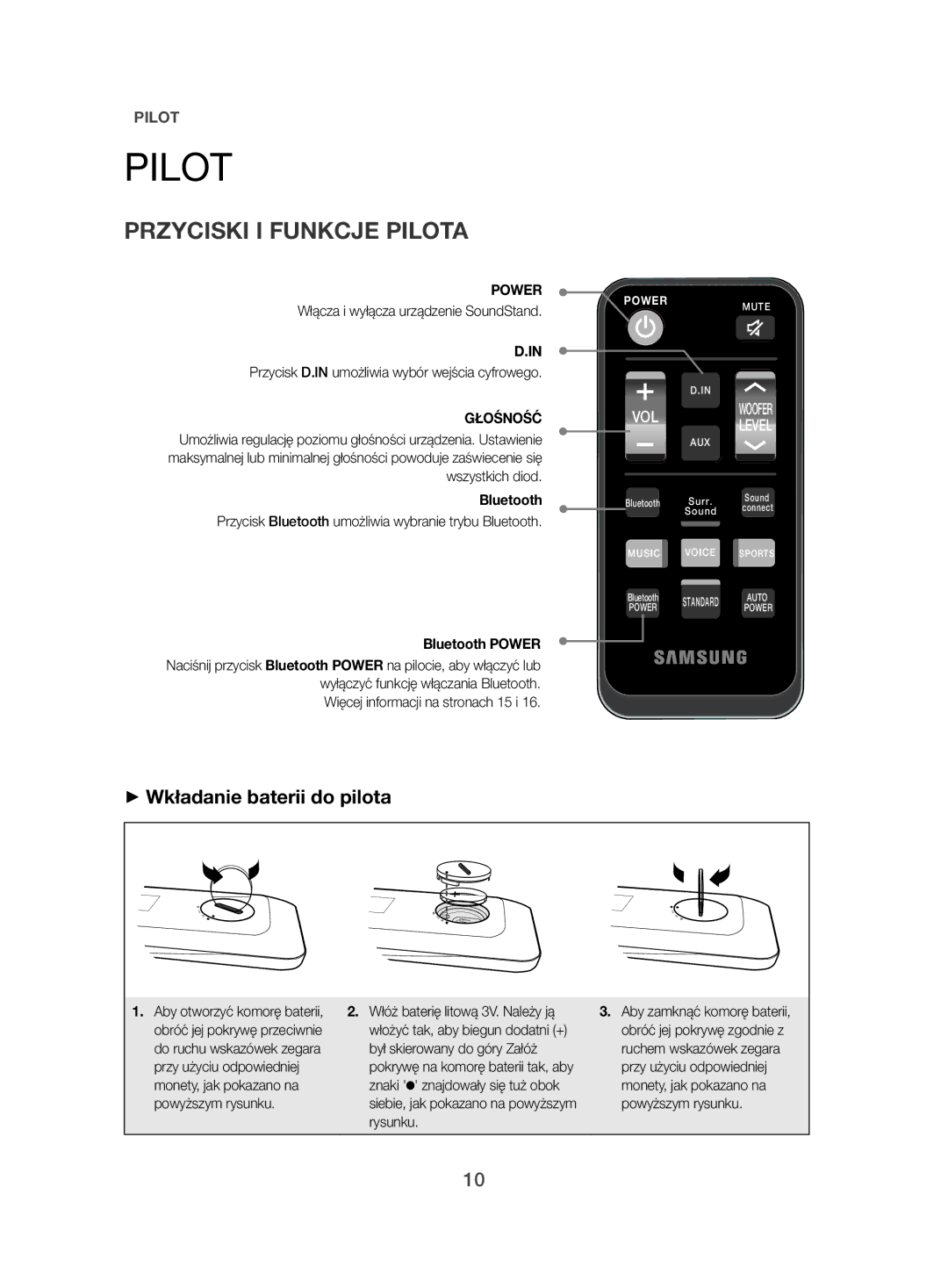 Samsung HW-H500/EN manual Przyciski I Funkcje Pilota, ++Wkładanie baterii do pilota, Głośność 