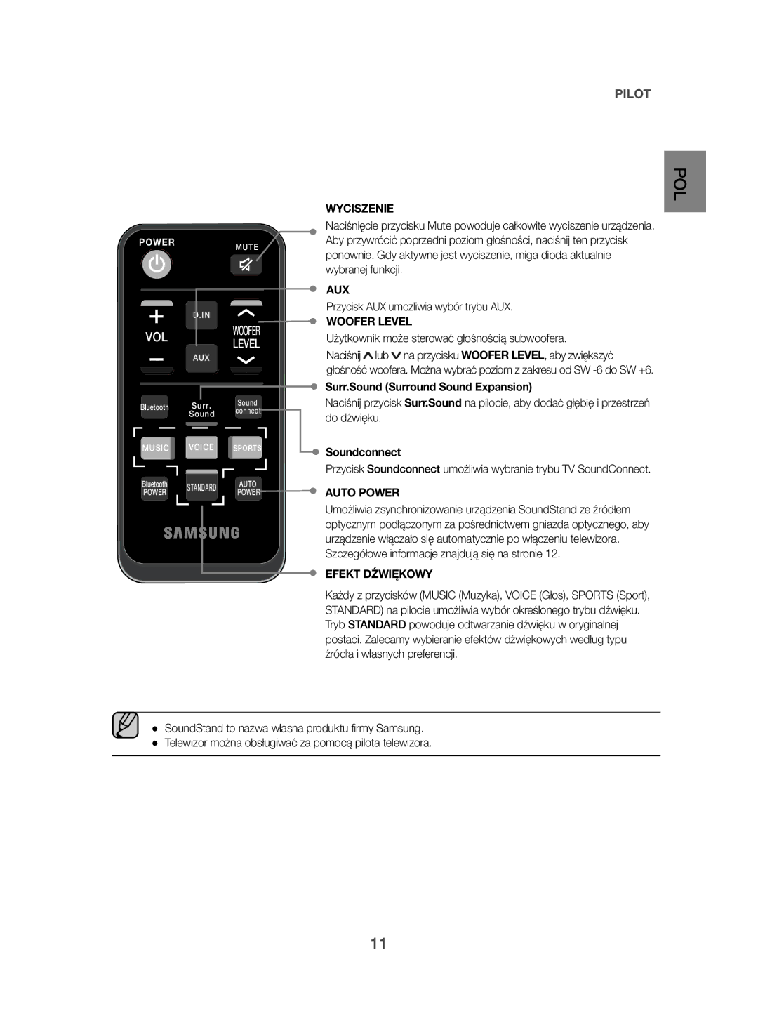 Samsung HW-H500/EN Wyciszenie, Przycisk AUX umożliwia wybór trybu AUX, Użytkownik może sterować głośnością subwoofera 