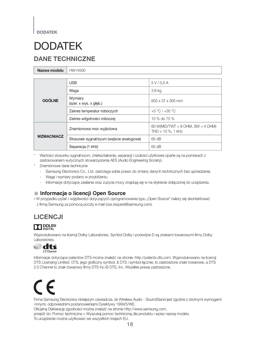 Samsung HW-H500/EN manual Dodatek, Dane Techniczne, Licencji, Nazwa modelu, Waga 