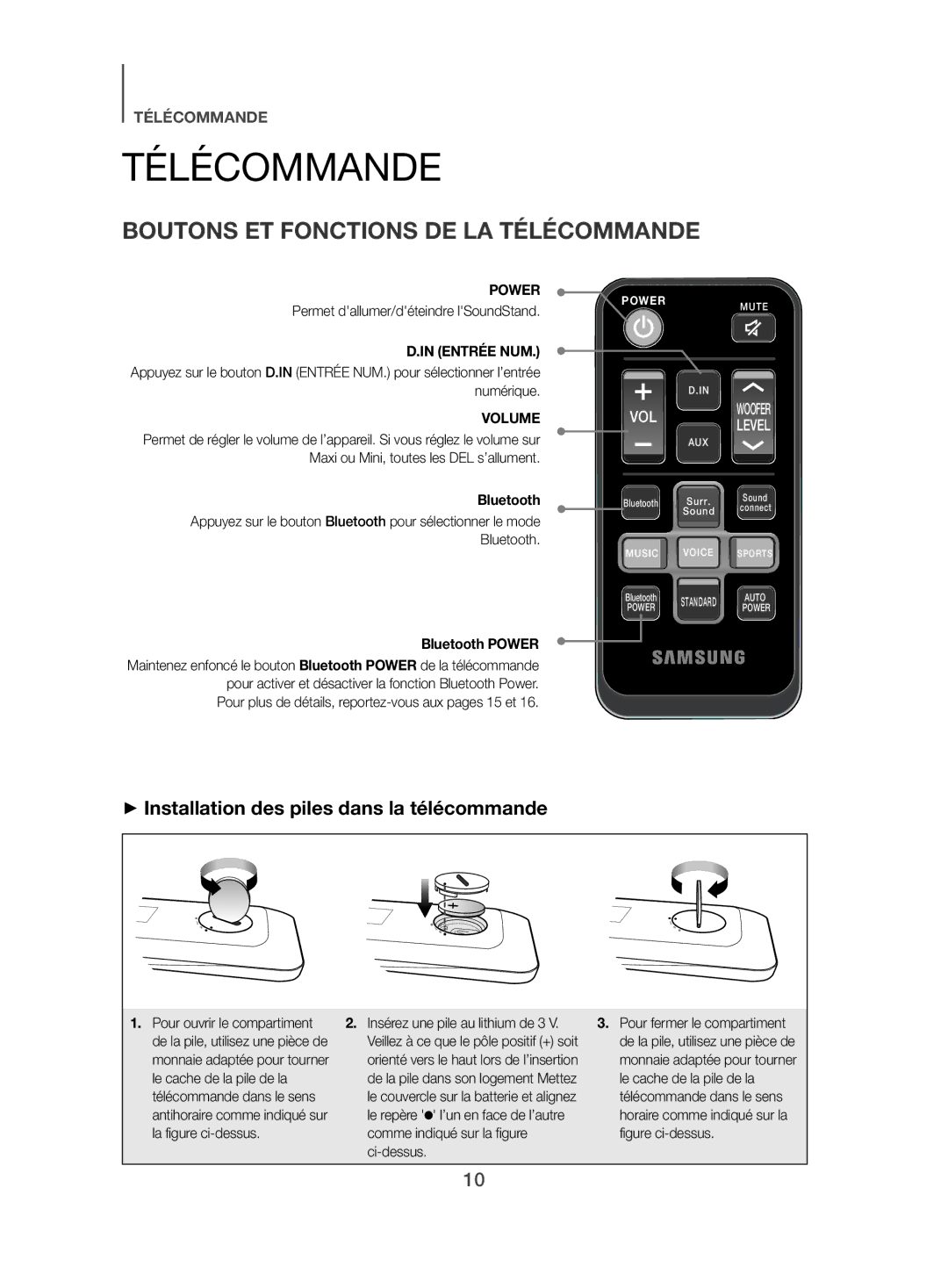 Samsung HW-H500/ZF manual Boutons ET Fonctions DE LA Télécommande, ++Installation des piles dans la télécommande 