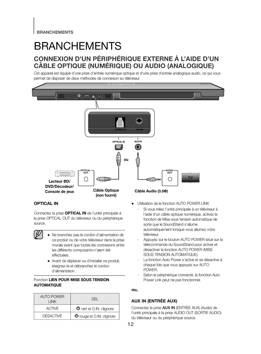 Samsung HW-H500/ZF manual Branchements, Fonction Lien Pour Mise Sous Tension, Câble Audio 3.5Φ 