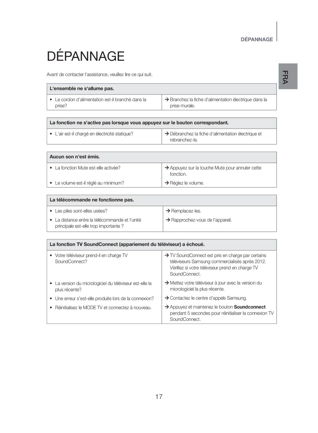 Samsung HW-H500/ZF manual Dépannage, Lensemble ne sallume pas, Aucun son nest émis, La télécommande ne fonctionne pas 