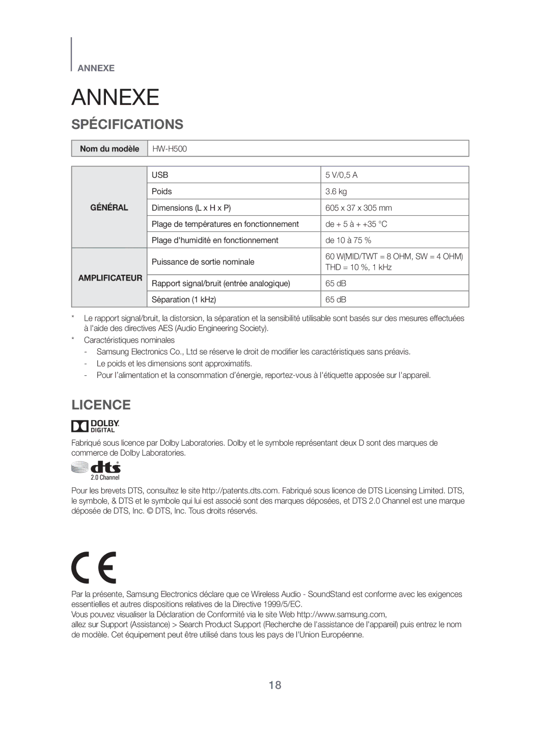 Samsung HW-H500/ZF manual Annexe, Spécifications, Licence, Nom du modèle 