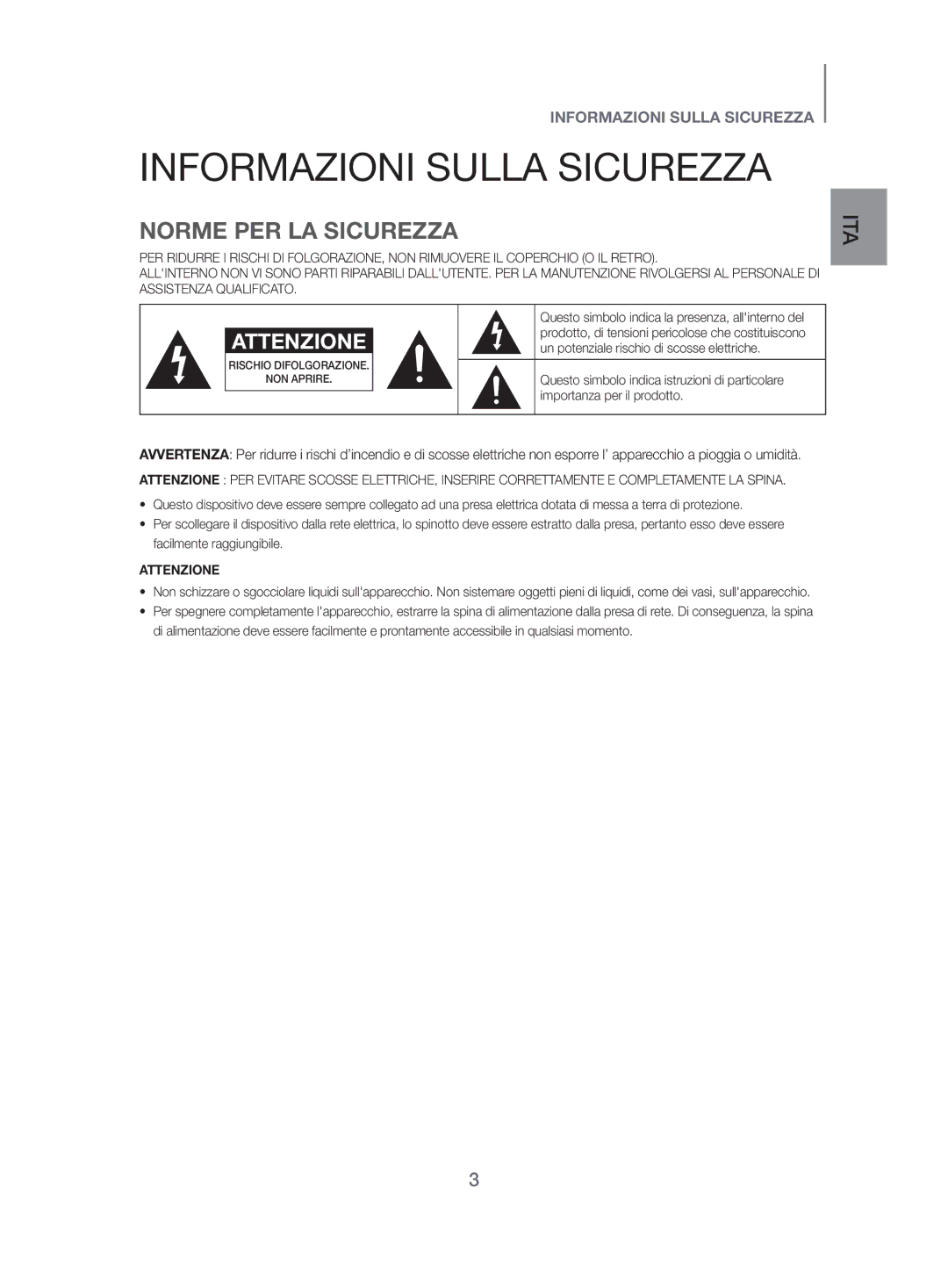 Samsung HW-H500/ZF manual Informazioni Sulla Sicurezza, Norme PER LA Sicurezza 