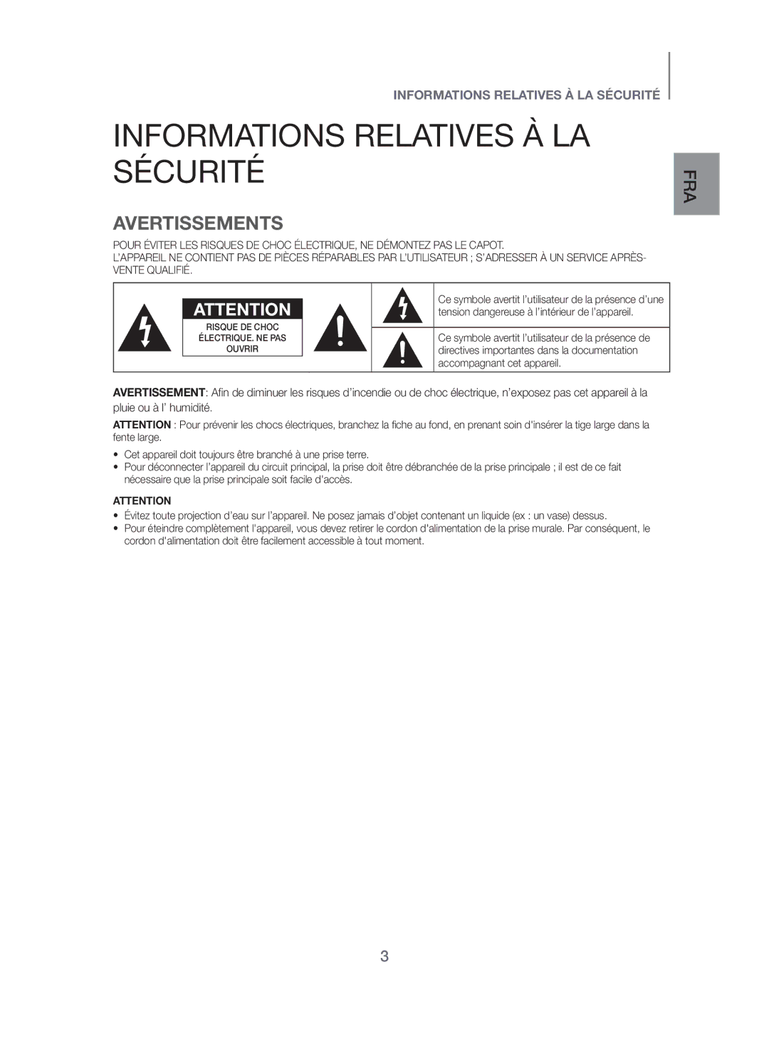 Samsung HW-H500/ZF manual Informations Relatives À LA Sécurité, Avertissements 