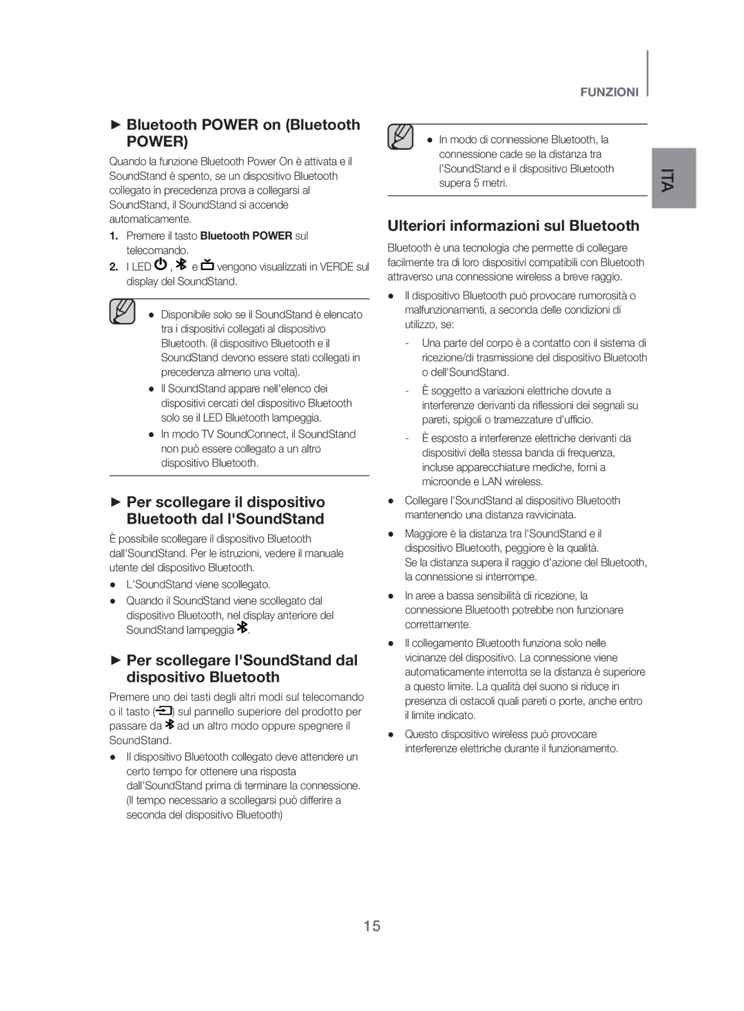 Samsung HW-H500/ZF manual ++Bluetooth Power on Bluetooth, ++Per scollegare il dispositivo Bluetooth dal lSoundStand 