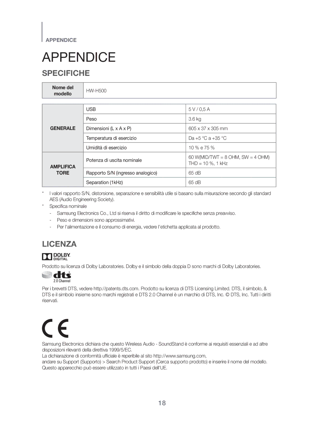 Samsung HW-H500/ZF manual Appendice, Specifiche, Licenza, Nome del Modello 