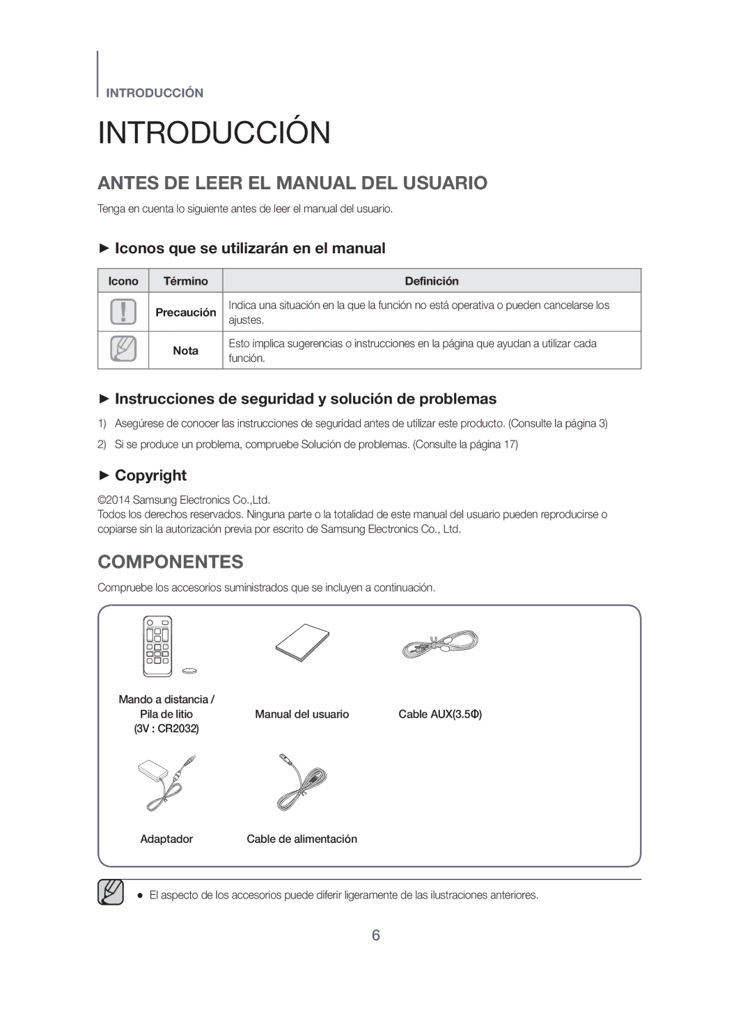 Samsung HW-H500/ZF Introducción, Antes DE Leer EL Manual DEL Usuario, Componentes, ++Iconos que se utilizarán en el manual 