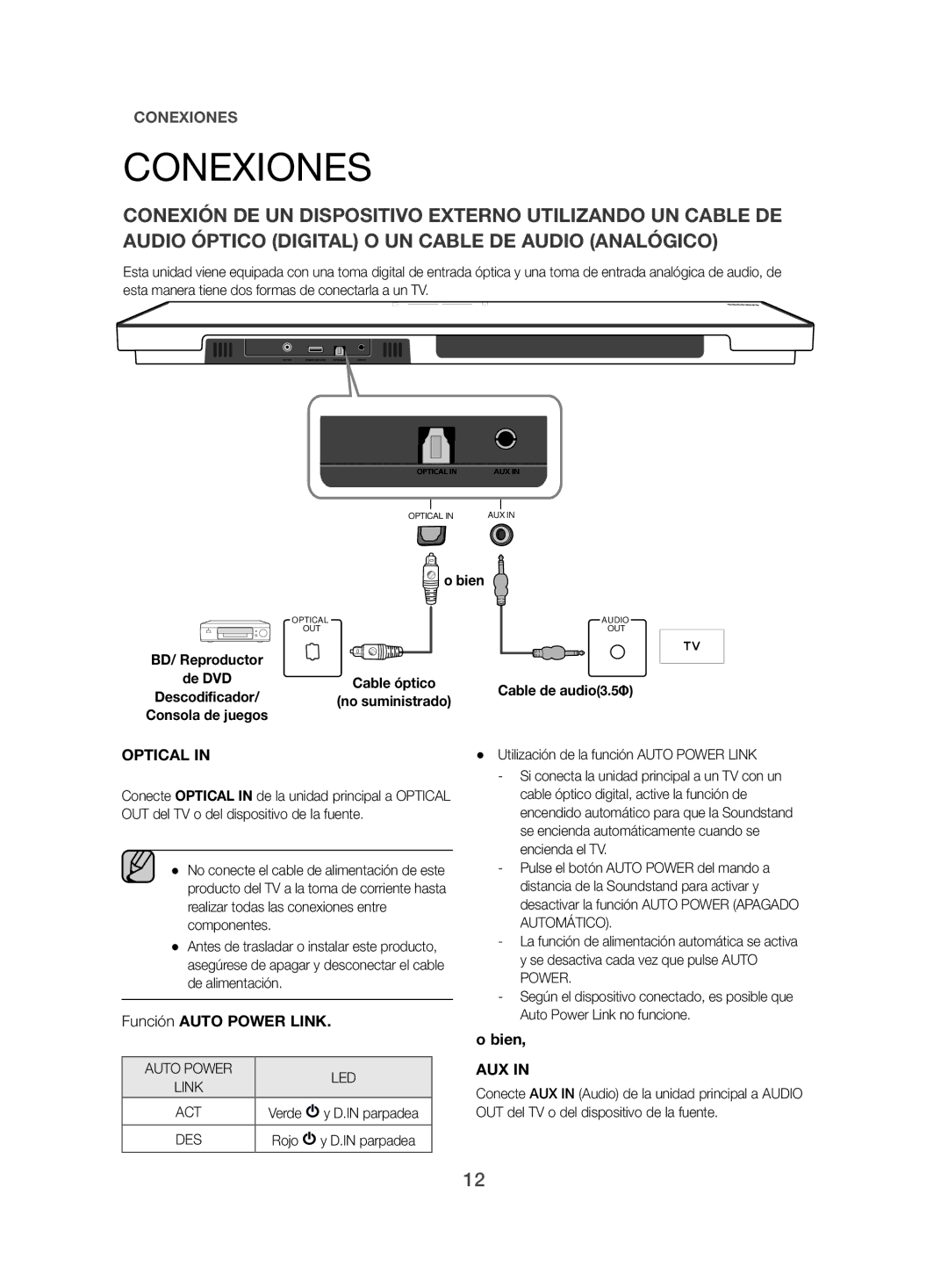 Samsung HW-H500/ZF manual Conexiones, Bien, Parpadea, Cable de audio3.5Φ, Utilización de la función Auto Power Link 