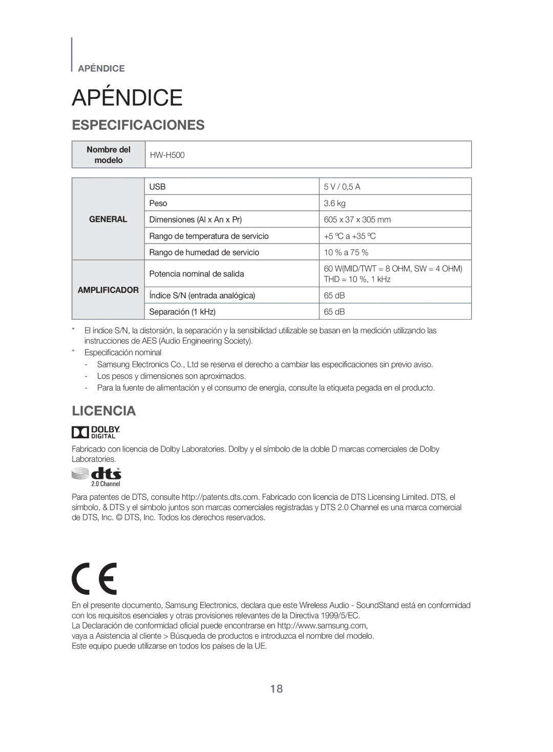 Samsung HW-H500/ZF manual Apéndice, Especificaciones, Licencia, Nombre del Modelo 