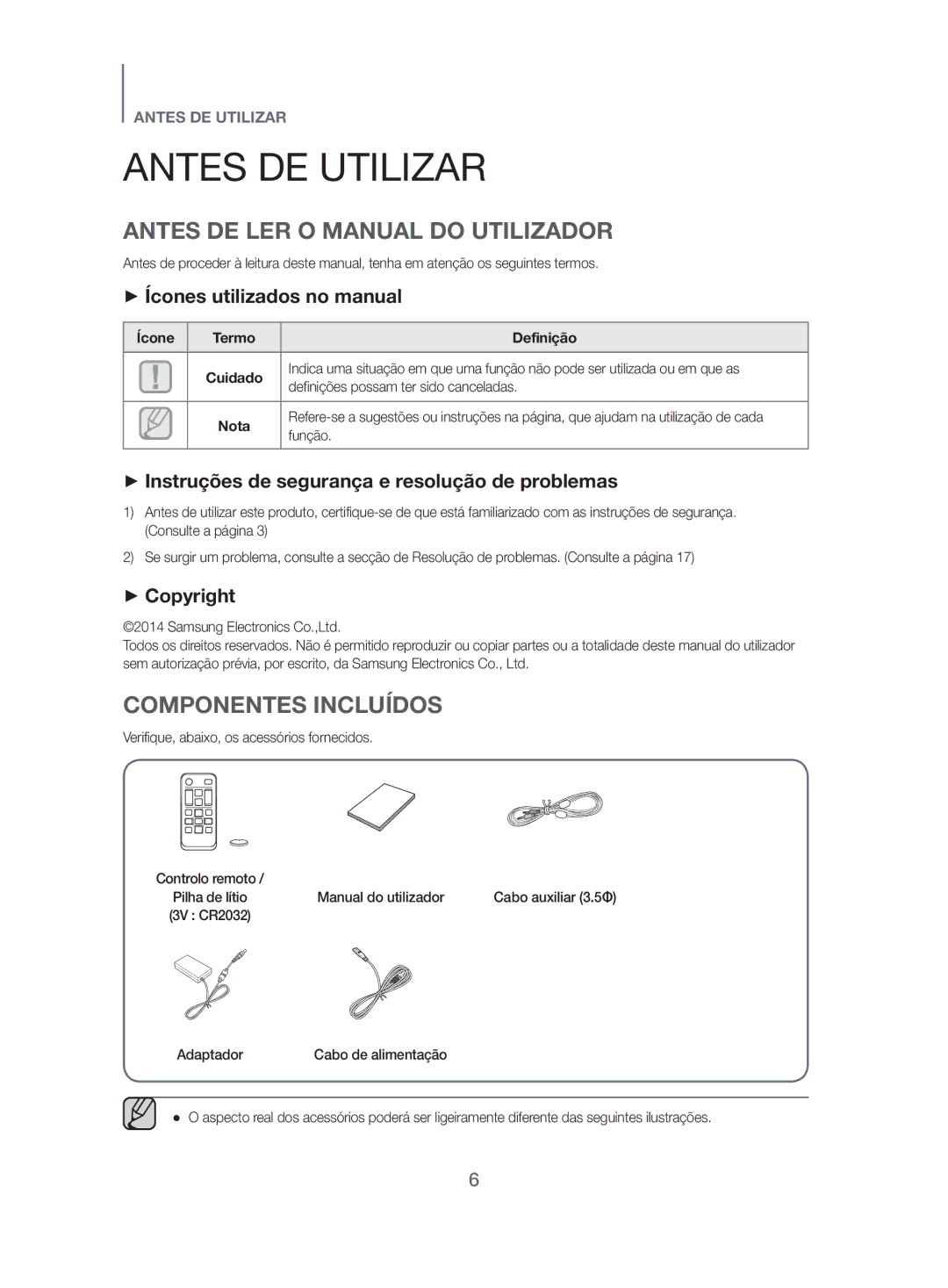 Samsung HW-H500/ZF manual Antes DE Utilizar, Antes DE LER O Manual do Utilizador, Componentes Incluídos 