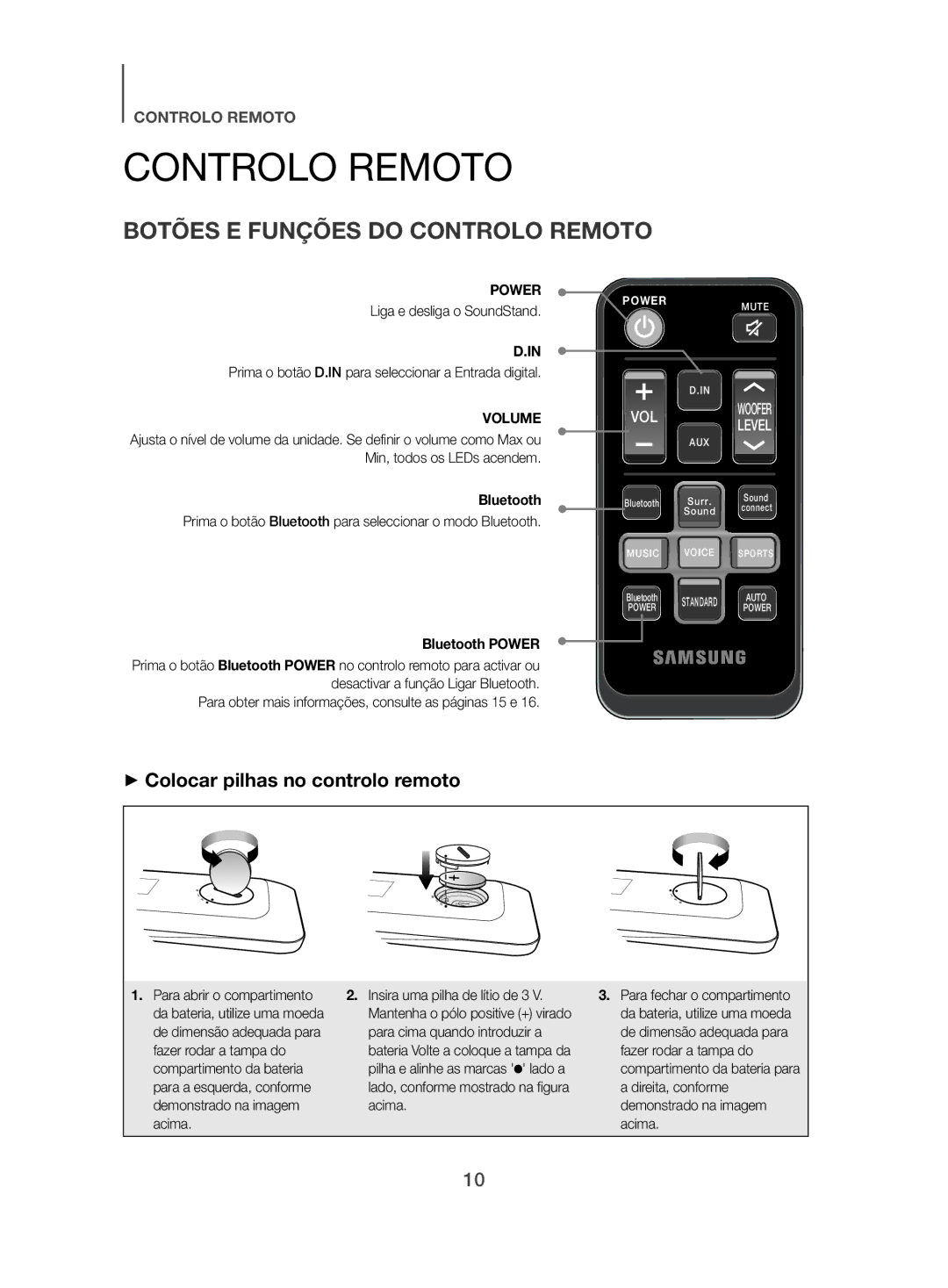 Samsung HW-H500/ZF manual Botões E Funções do Controlo Remoto, ++Colocar pilhas no controlo remoto 