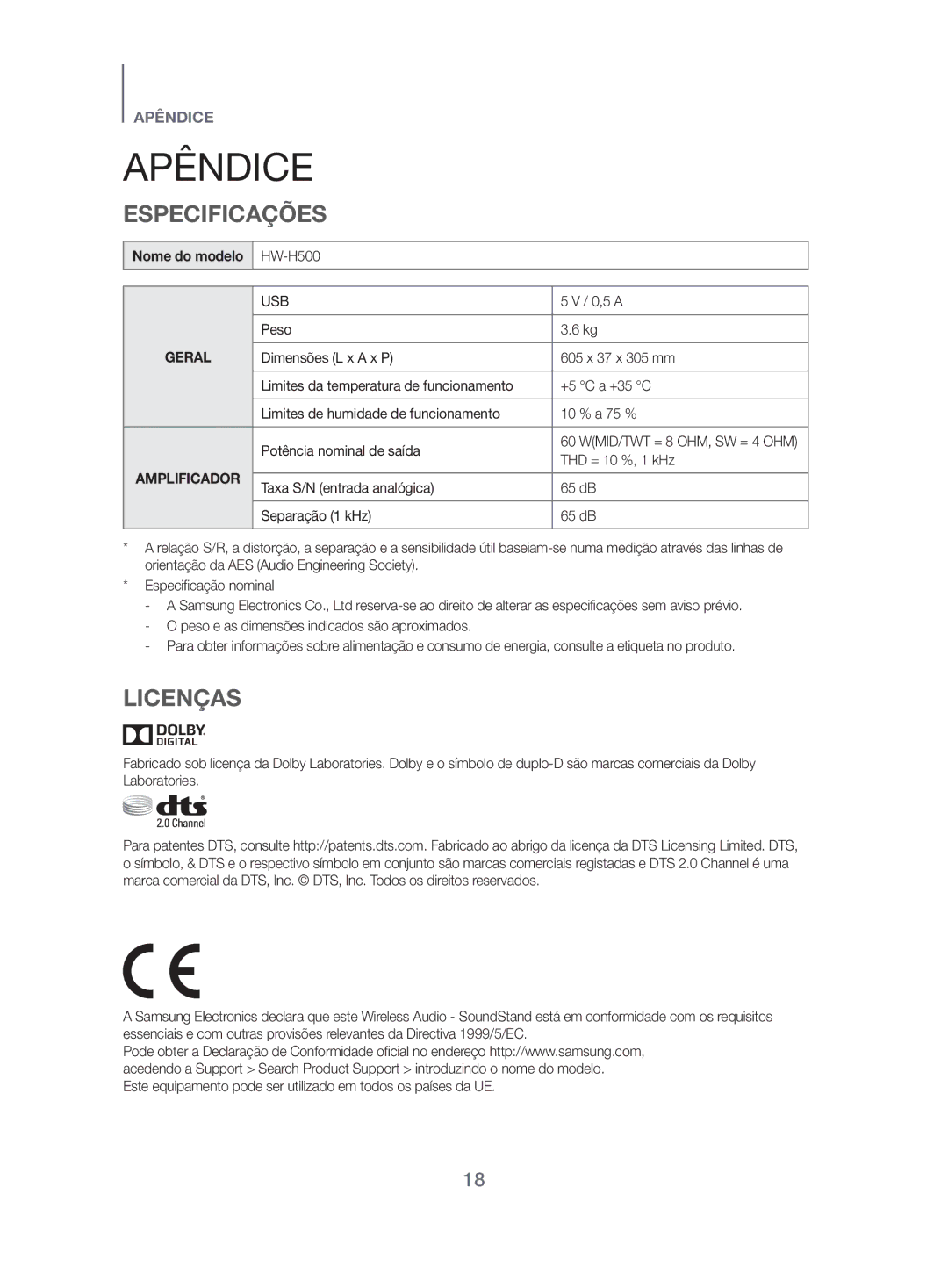 Samsung HW-H500/ZF manual Apêndice, Especificações, Licenças, Nome do modelo 