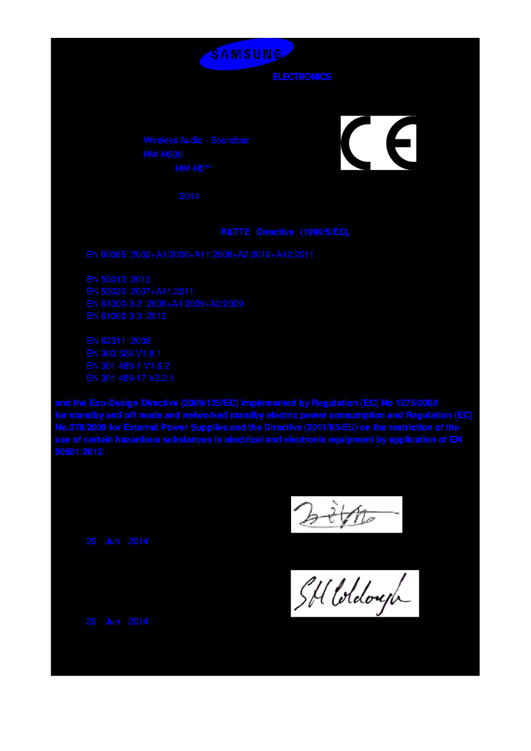 Samsung HW-H551/EN manual Declaration of Conformity, For the following, Product Wireless Audio - Soundbar, Manufacturer 