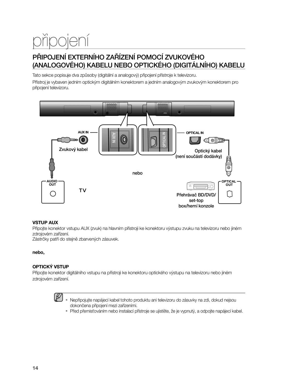 Samsung HW-H550/XN, HW-H550/EN, HW-H551/EN, HW-H551/XN manual Zvukový kabel Nebo, Vstup AUX 