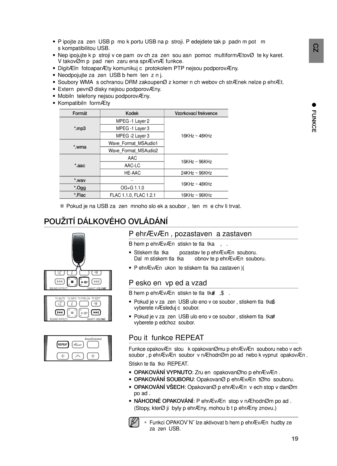 Samsung HW-H551/XN, HW-H550/EN Použití Dálkového Ovládání, Přehrávání, pozastavení a zastavení, Přeskočení vpřed a vzad 