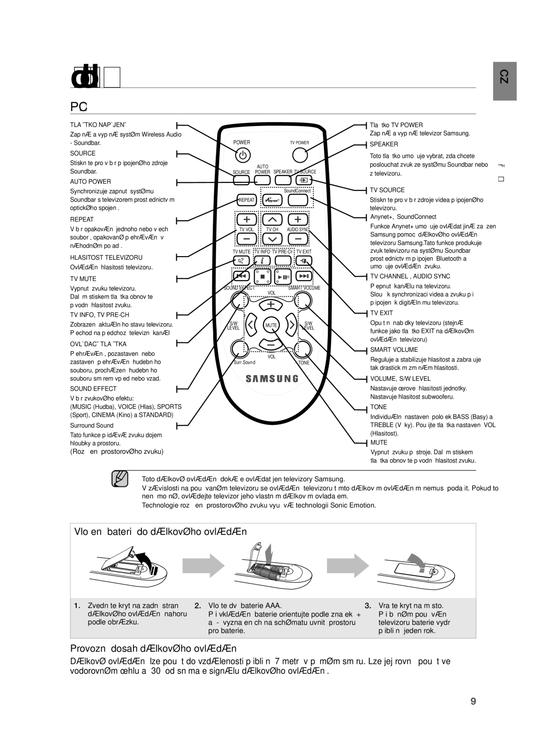 Samsung HW-H551/EN, HW-H550/EN, HW-H550/XN, HW-H551/XN manual Dálkové ovládání, Průvodce Dálkovým Ovládáním, Dálkové Ovládání 