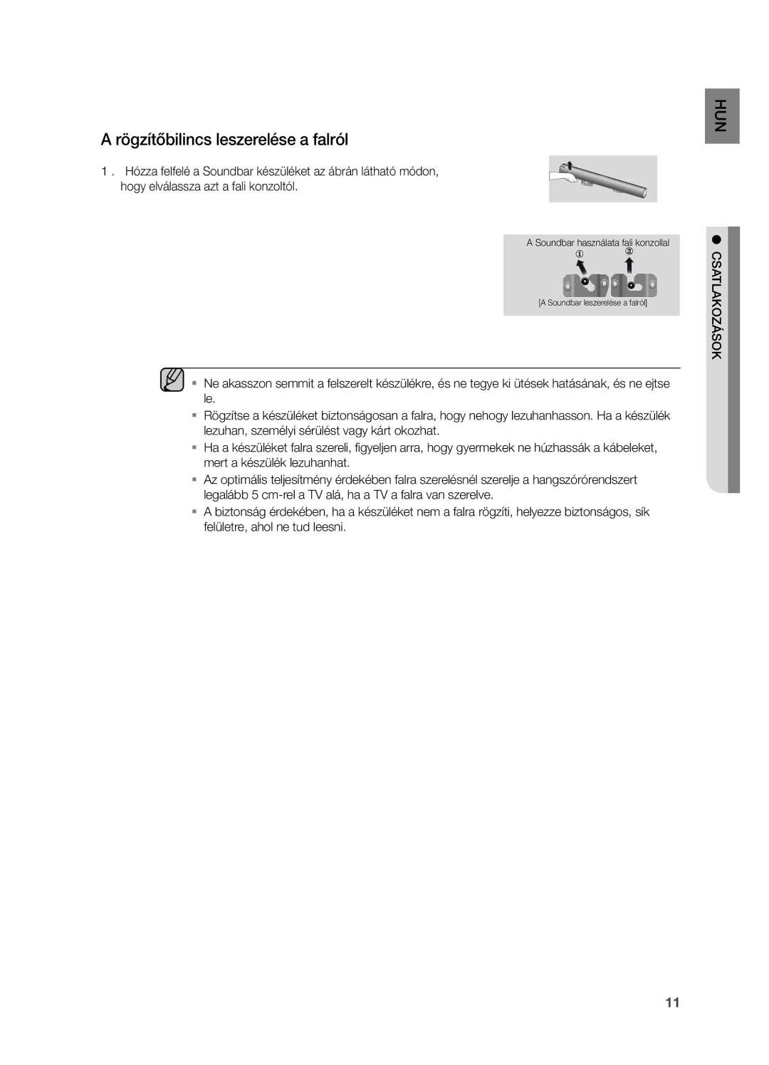 Samsung HW-H551/XN, HW-H550/EN, HW-H551/EN, HW-H550/XN manual Rögzítőbilincs leszerelése a falról, Csatlakozások 