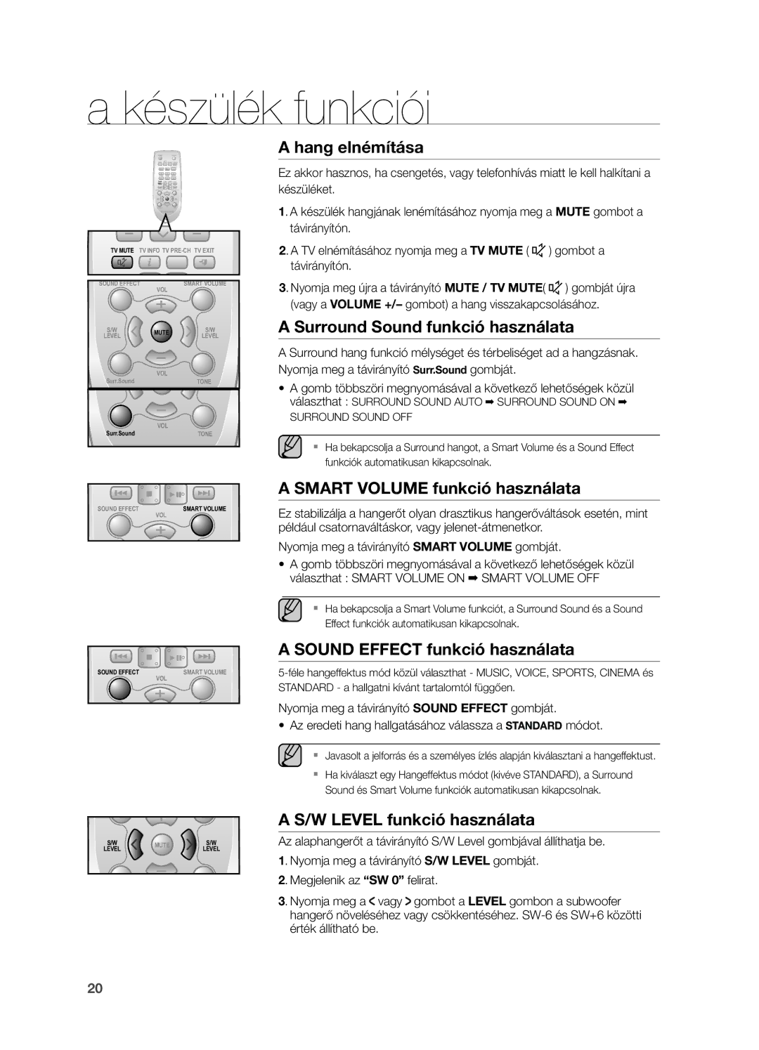 Samsung HW-H550/EN, HW-H551/EN manual Hang elnémítása, Surround Sound funkció használata, Smart Volume funkció használata 