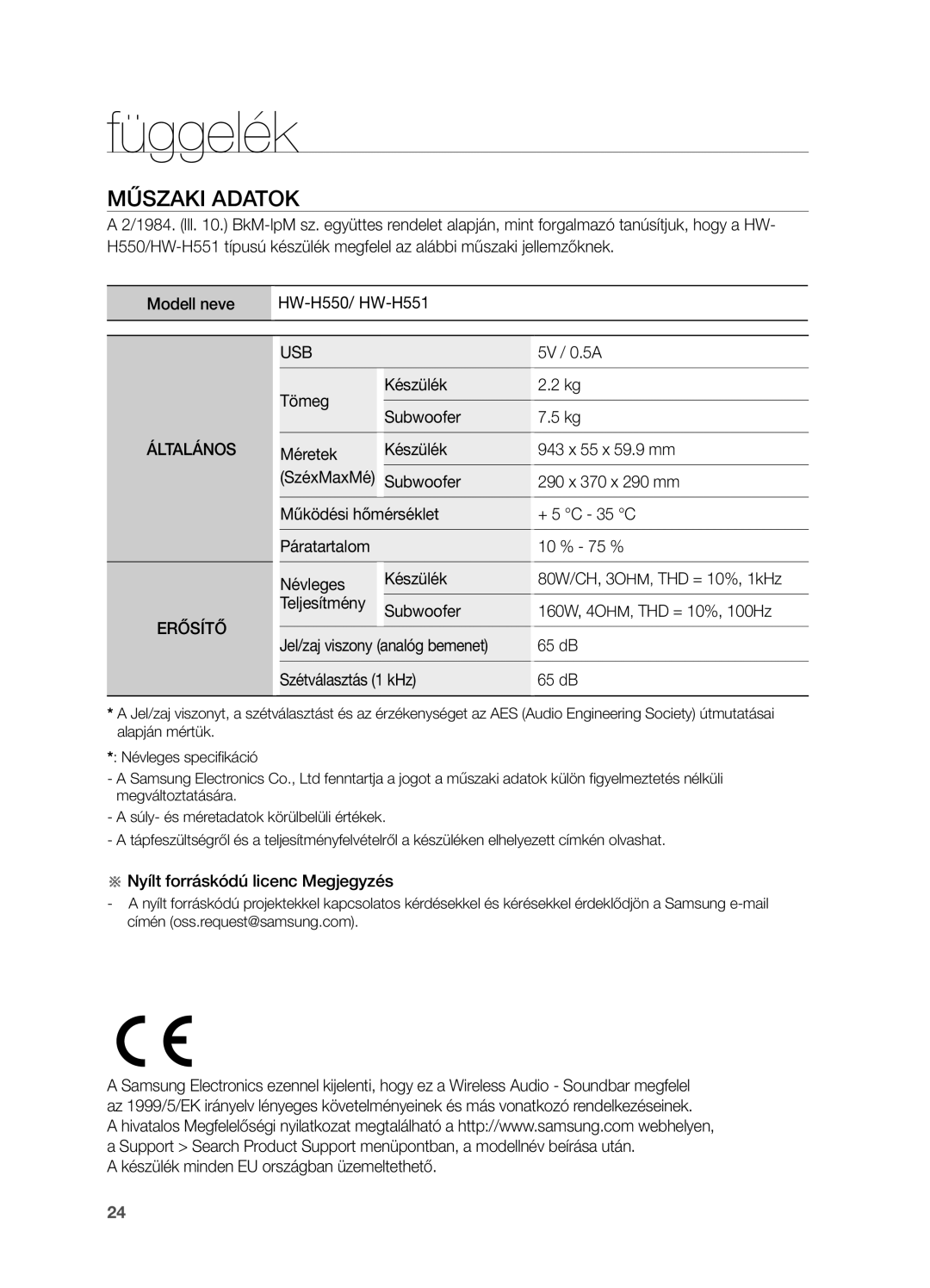 Samsung HW-H550/EN, HW-H551/EN, HW-H550/XN, HW-H551/XN manual Függelék, Műszaki Adatok 