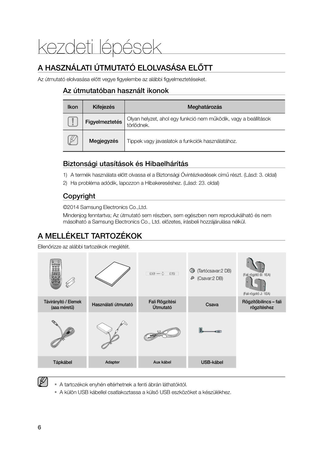 Samsung HW-H550/XN, HW-H550/EN, HW-H551/EN manual Kezdeti lépések, Használati Útmutató Elolvasása Előtt, Mellékelt Tartozékok 