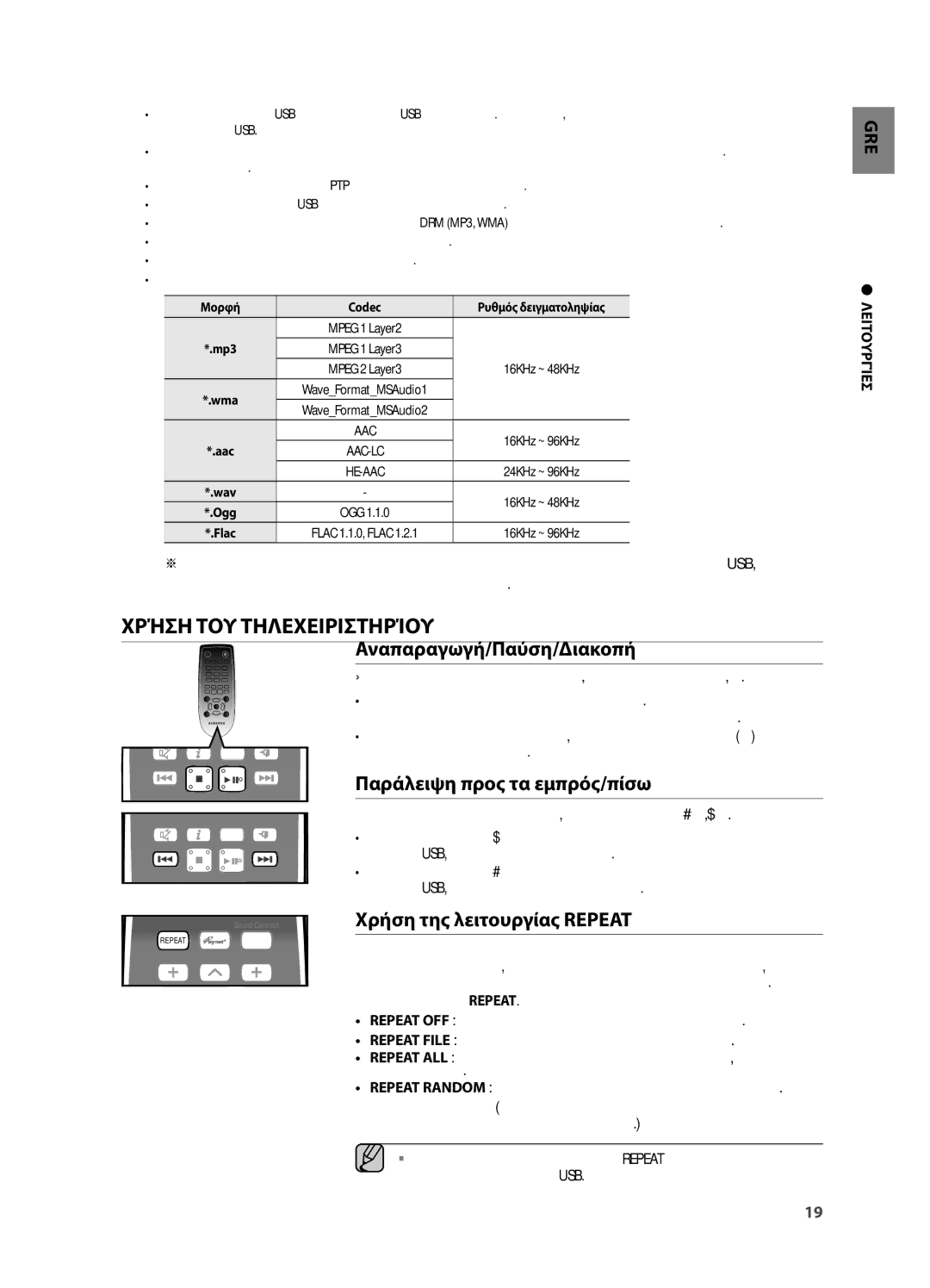 Samsung HW-H551/EN, HW-H550/EN Χρήση ΤΟΥ Τηλεχειριστηρίου, POWERΑναπαραγωγή/Παύση/Διακοπή, Παράλειψη προς τα εμπρός/πίσω 