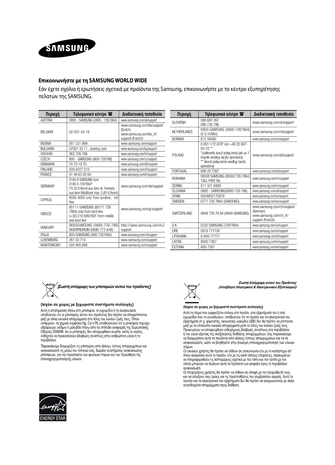 Samsung HW-H551/EN, HW-H550/EN manual Επικοινωνήστε με τη Samsung World Wide 