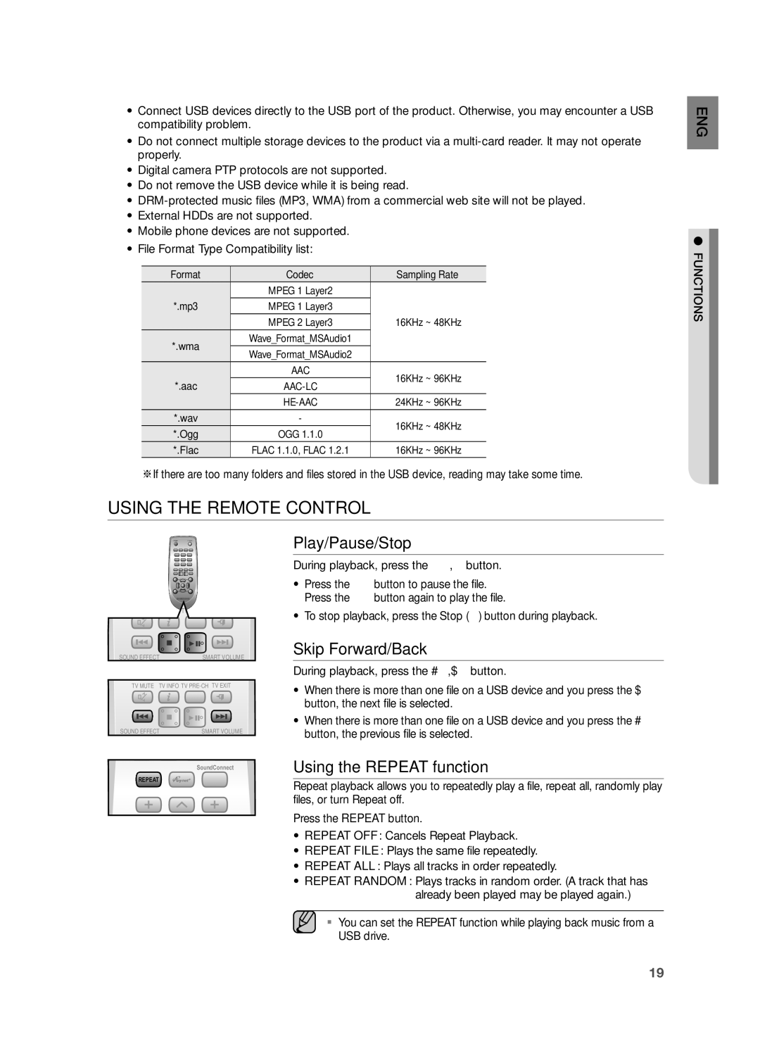 Samsung HW-H551/ZF, HW-H550/EN Using the Remote Control, Play/Pause/Stop, Skip Forward/Back, Using the Repeat function 