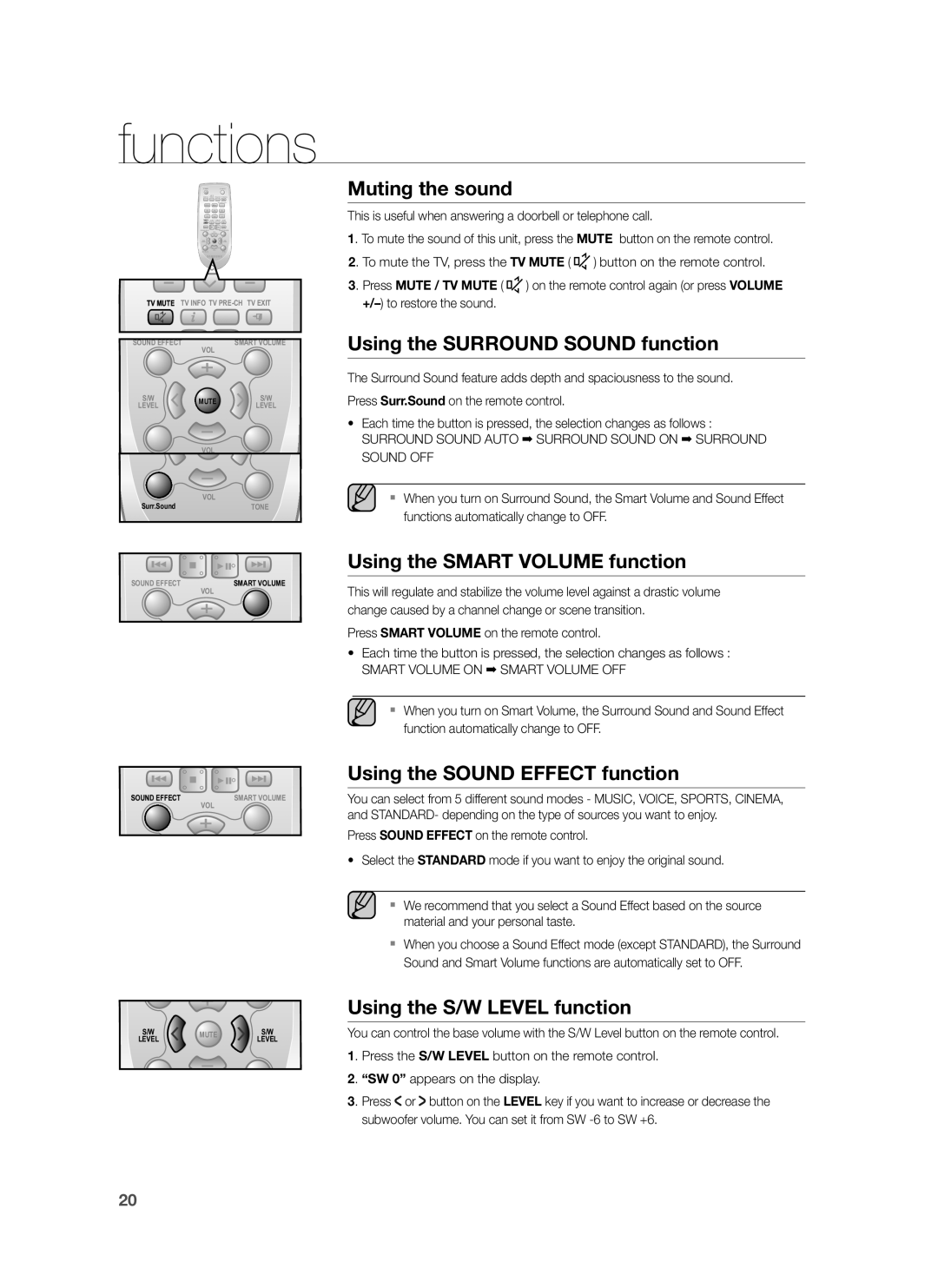 Samsung HW-H550/XN, HW-H550/EN manual Muting the sound, Using the Surround Sound function, Using the Smart Volume function 