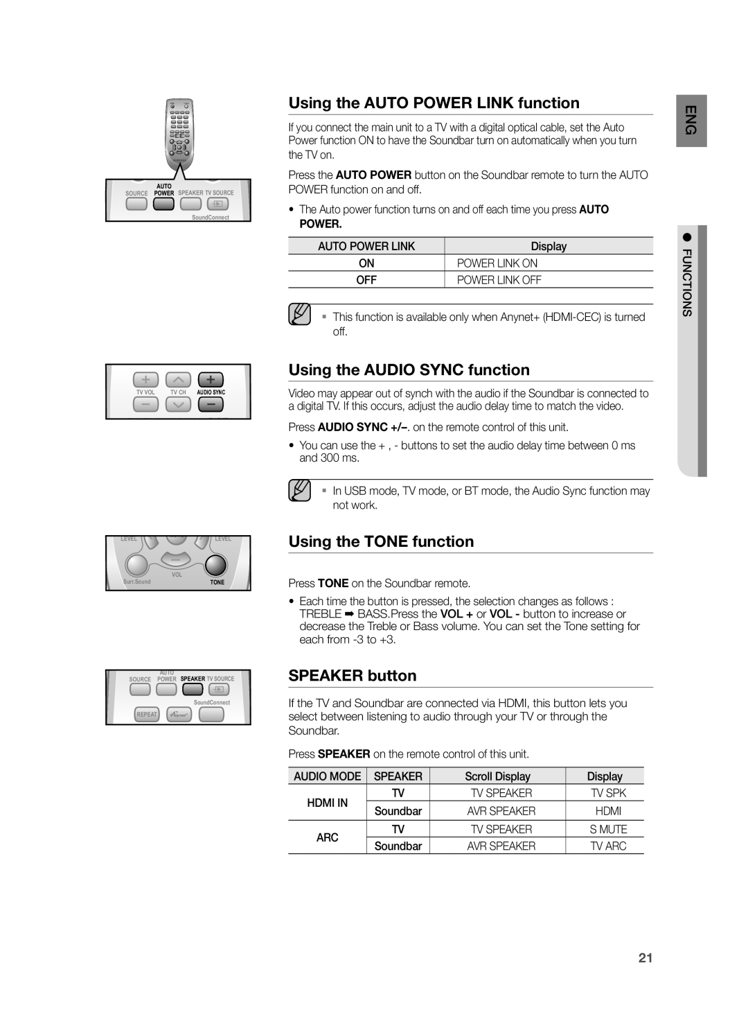 Samsung HW-H551/XN, HW-H550/EN Using the Auto Power Link function, Using the Audio Sync function, Using the Tone function 