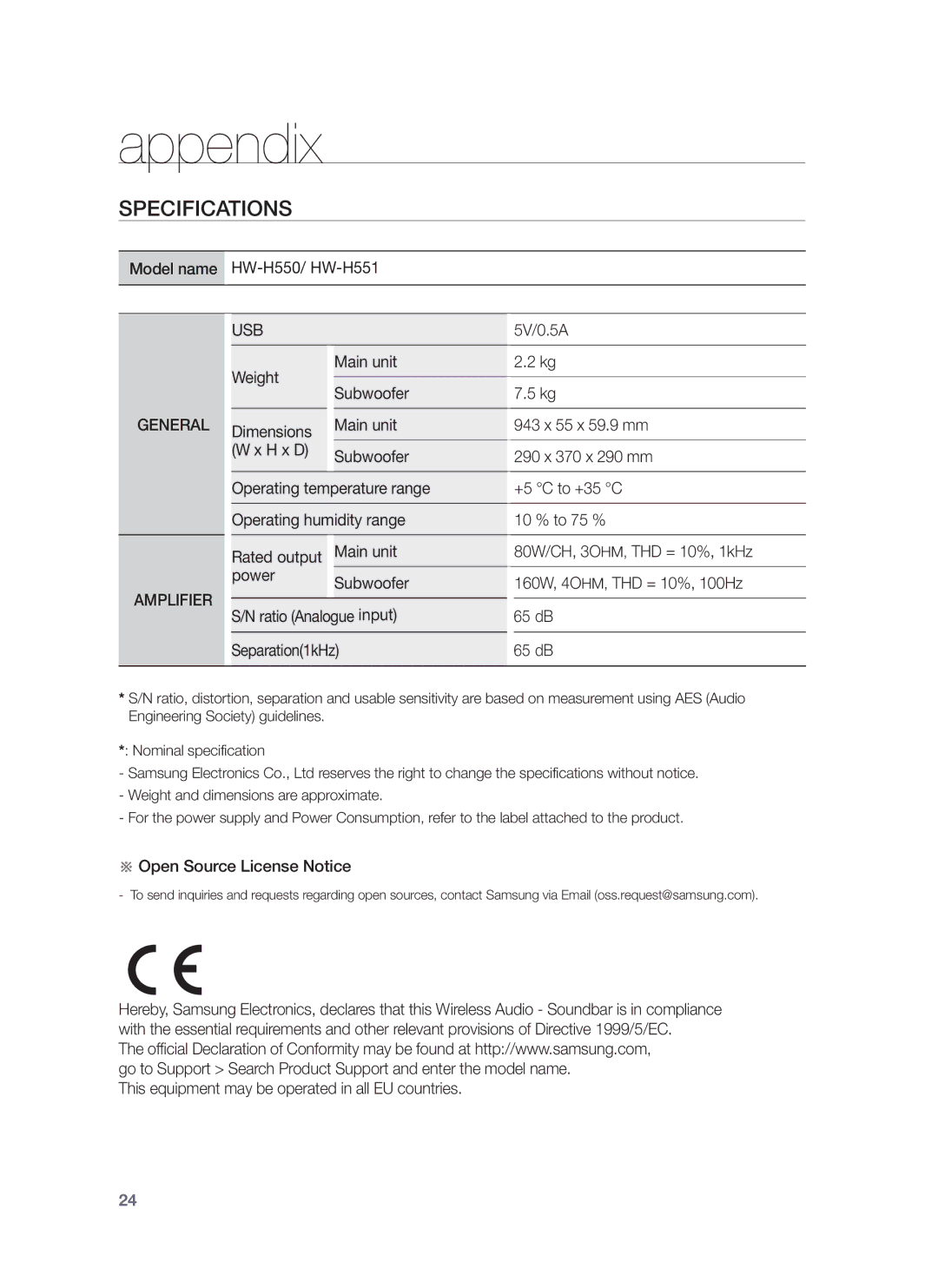 Samsung HW-H550/EN, HW-H551/TK, HW-H551/EN, HW-H551/ZF, HW-H550/XN, HW-H551/XN, HW-H550/XE, HW-H551/XE Appendix, Specifications 