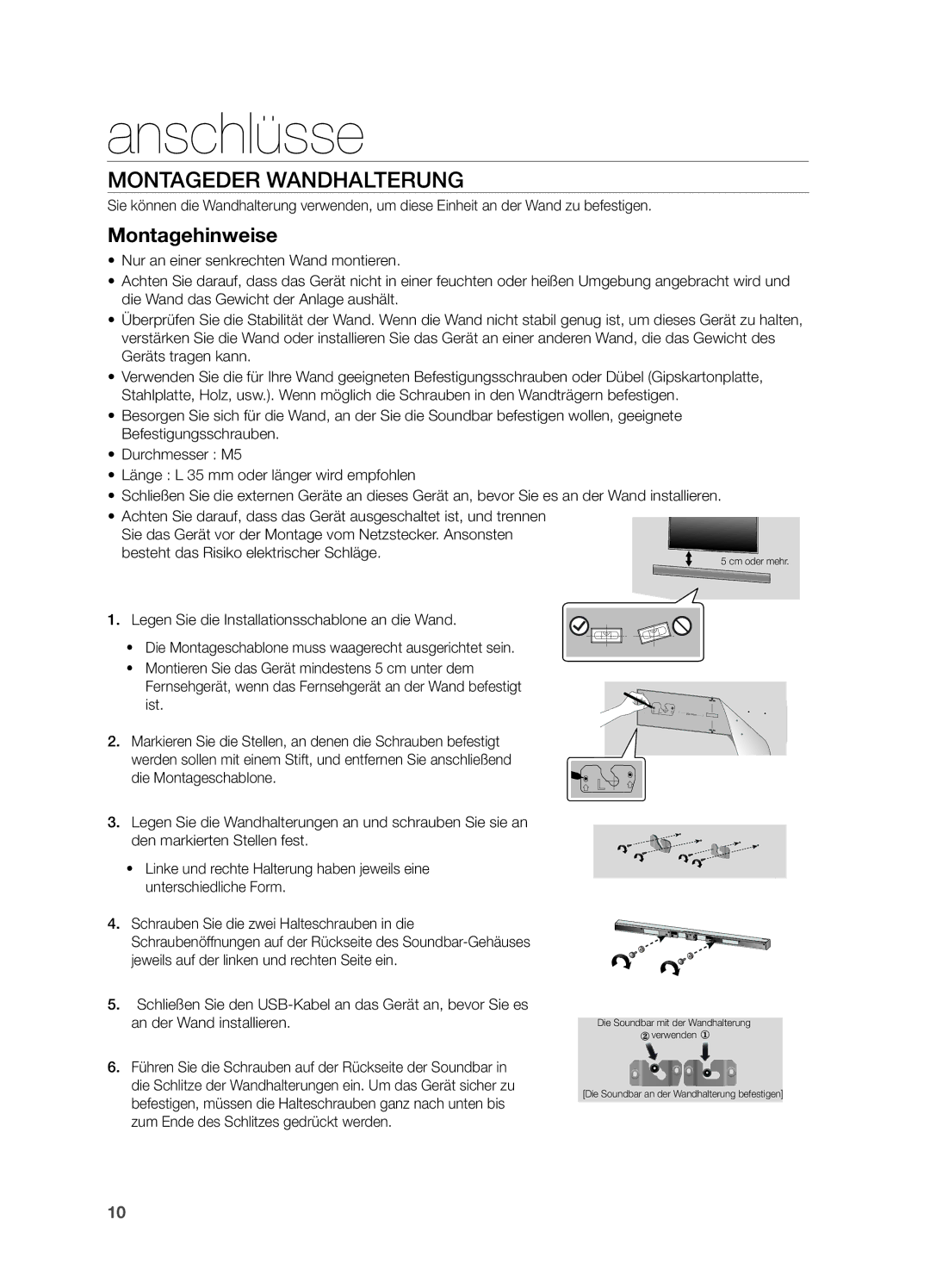 Samsung HW-H551/EN, HW-H550/EN, HW-H551/TK, HW-H551/ZF manual Anschlüsse, Montageder Wandhalterung, Montagehinweise 