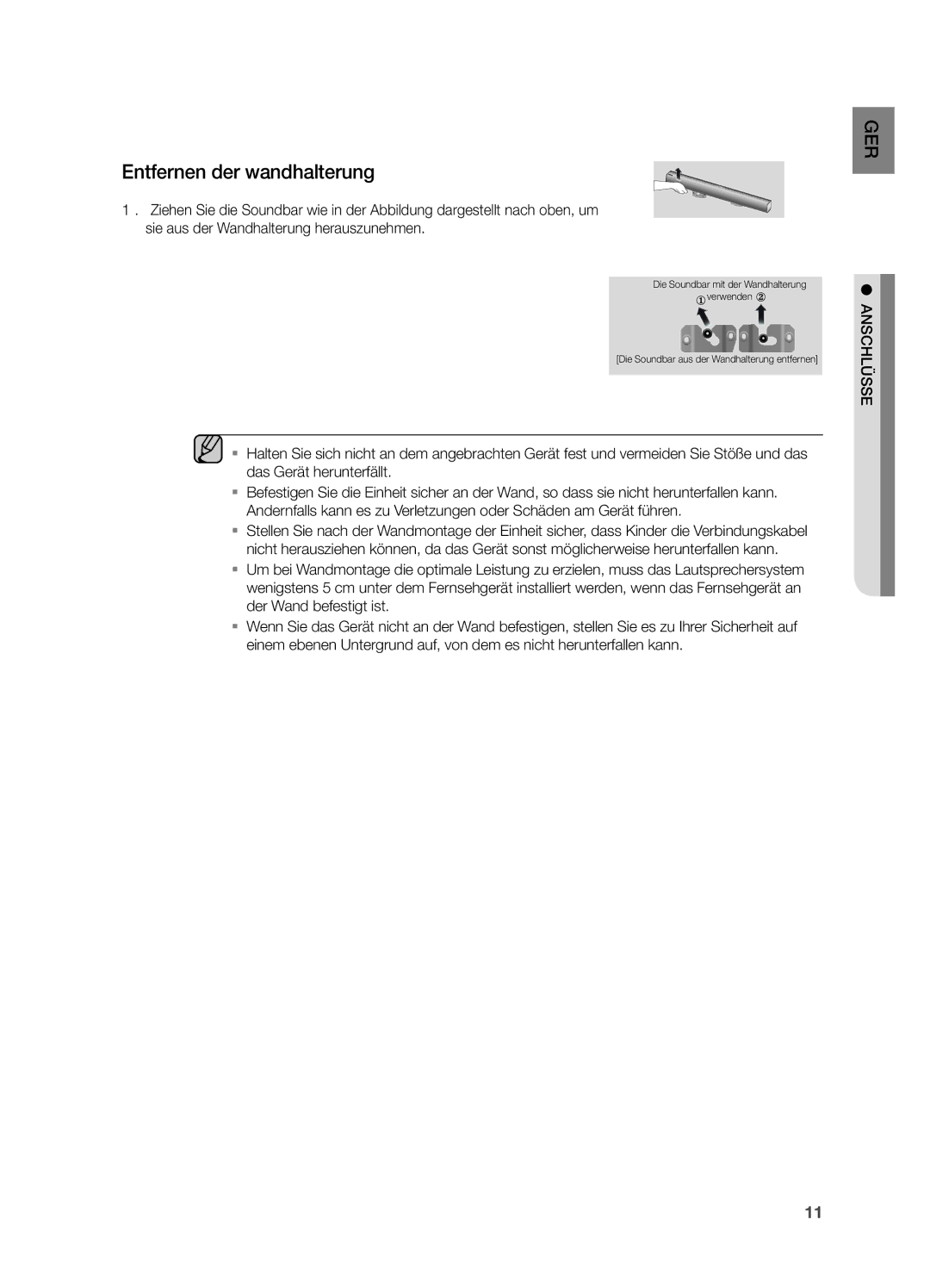 Samsung HW-H551/ZF, HW-H550/EN, HW-H551/TK, HW-H551/EN manual Entfernen der wandhalterung, Anschlüsse 