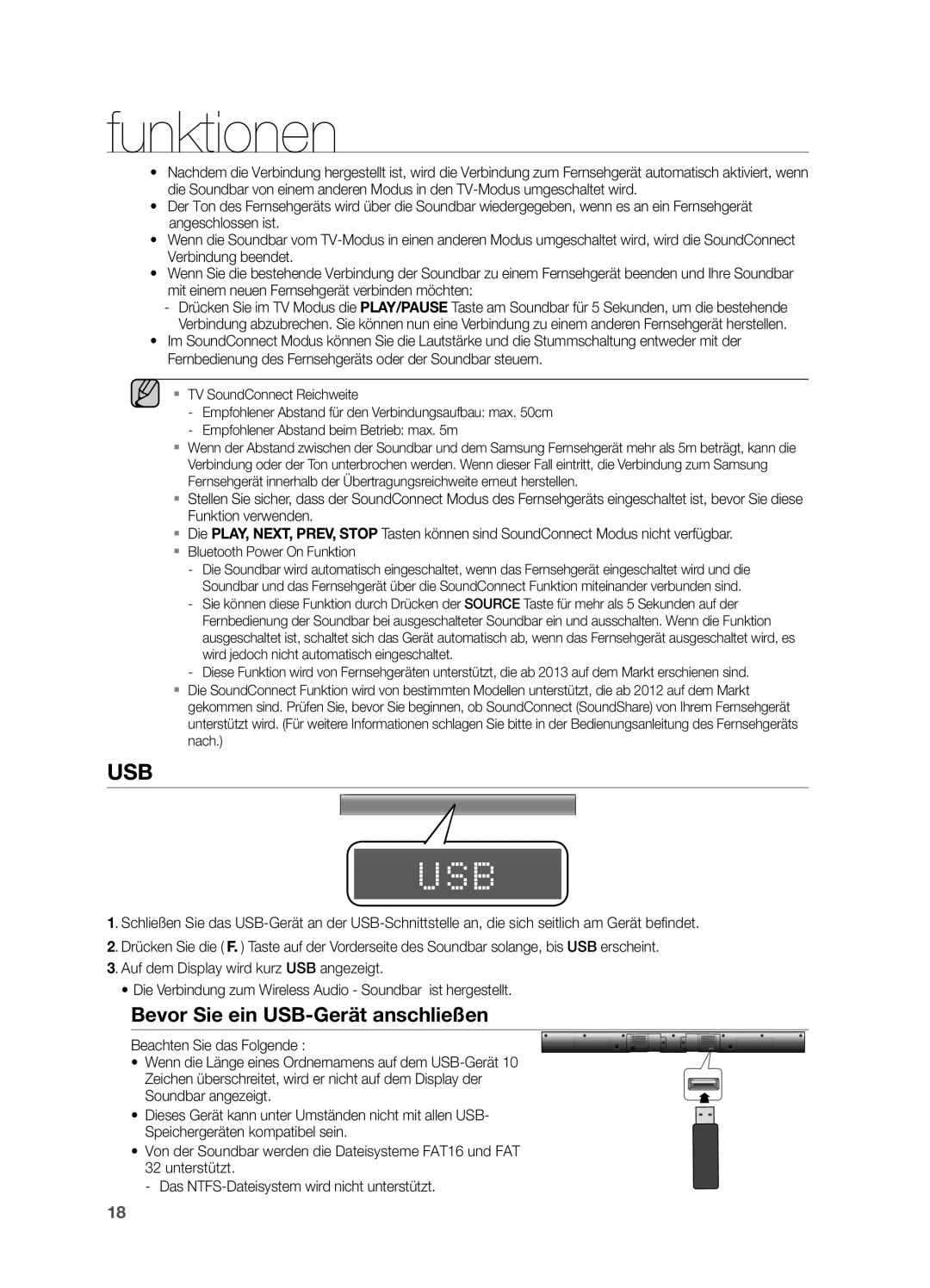 Samsung HW-H551/EN, HW-H550/EN, HW-H551/TK, HW-H551/ZF manual Usb, Bevor Sie ein USB-Gerät anschließen 