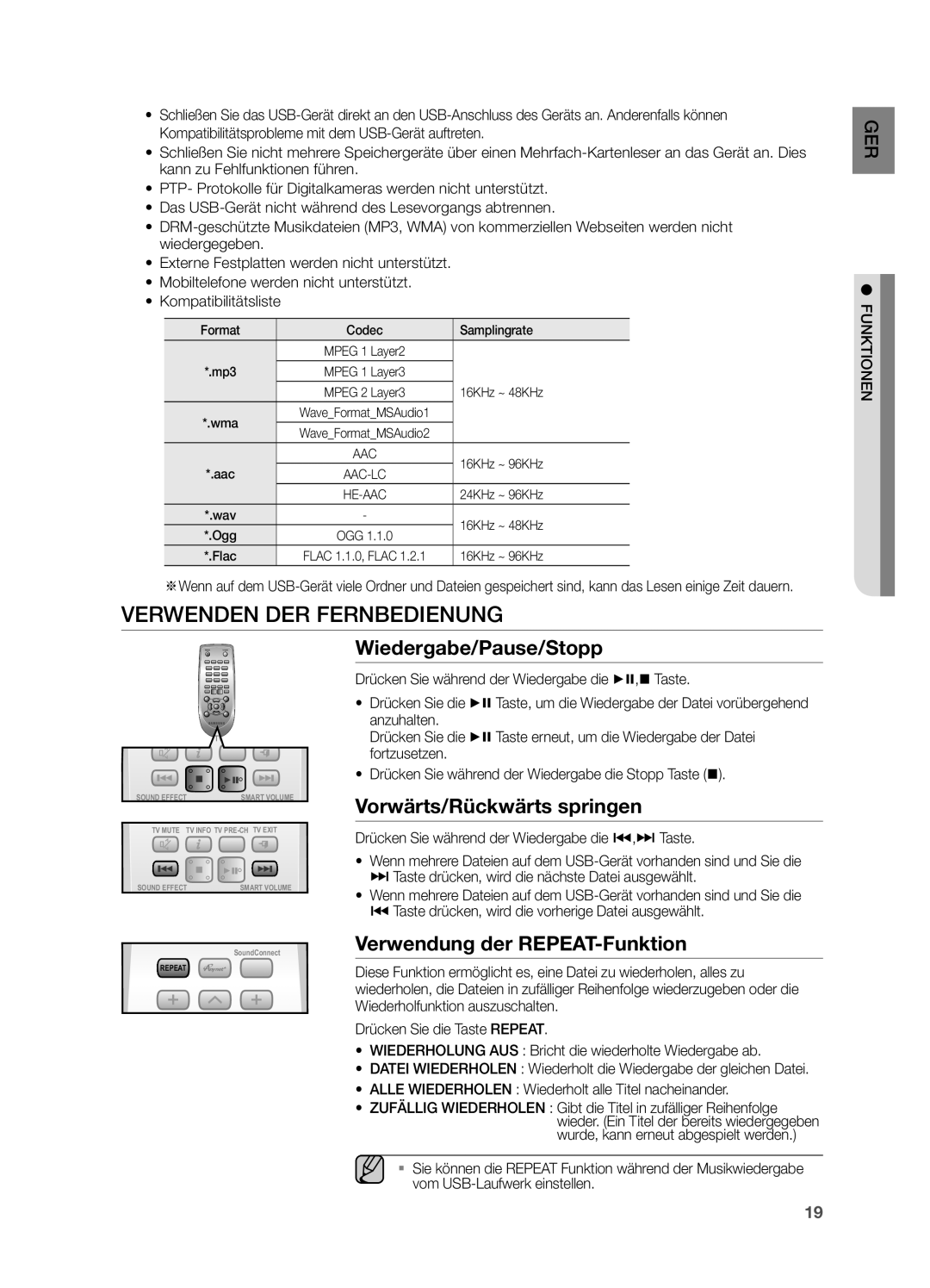 Samsung HW-H551/ZF, HW-H550/EN, HW-H551/TK Verwenden DER Fernbedienung, Wiedergabe/Pause/Stopp, Vorwärts/Rückwärts springen 