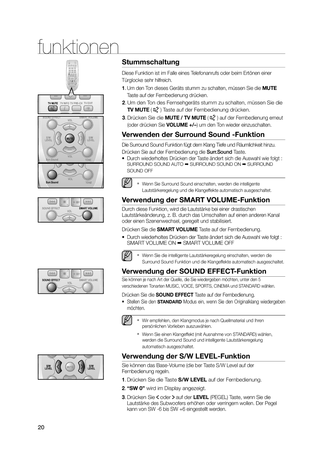 Samsung HW-H550/EN manual Stummschaltung, Verwenden der Surround Sound -Funktion, Verwendung der Smart VOLUME-Funktion 