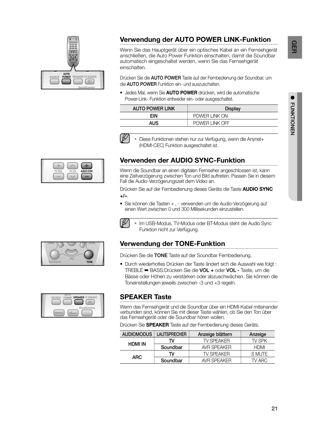 Samsung HW-H551/TK, HW-H550/EN Verwendung der Auto Power LINK-Funktion, Verwenden der Audio SYNC-Funktion, Speaker Taste 