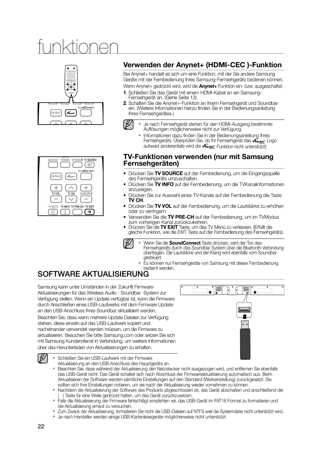 Samsung HW-H551/EN, HW-H550/EN, HW-H551/TK, HW-H551/ZF Software Aktualisierung, Verwenden der Anynet+ HDMI-CEC -Funktion 