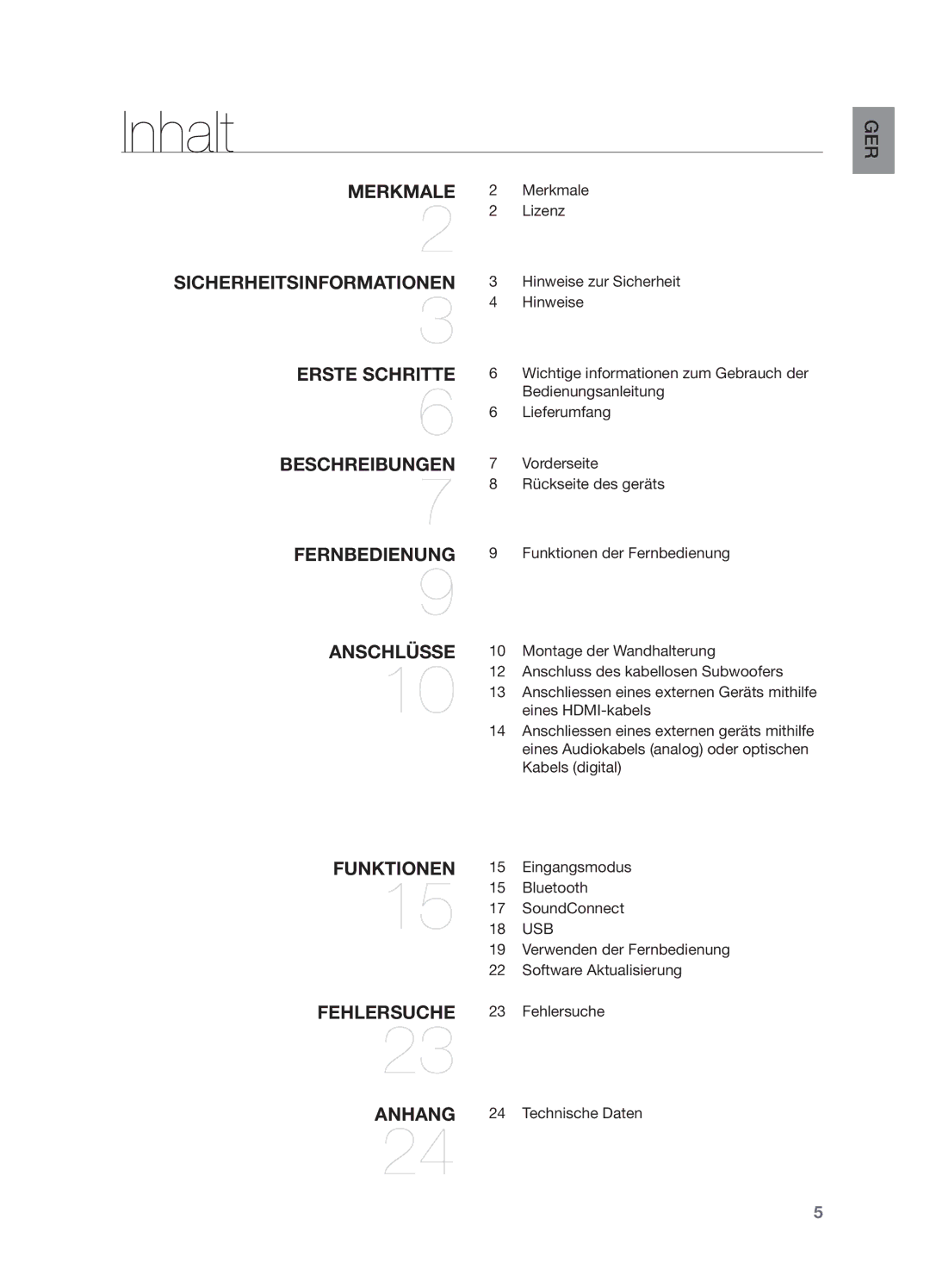 Samsung HW-H551/TK, HW-H550/EN, HW-H551/EN, HW-H551/ZF manual Inhalt, Erste Schritte Beschreibungen Fernbedienung 