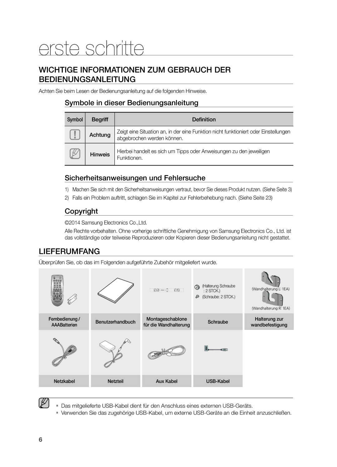 Samsung HW-H551/EN, HW-H550/EN Erste schritte, Wichtige Informationen ZUM Gebrauch DER Bedienungsanleitung, Lieferumfang 