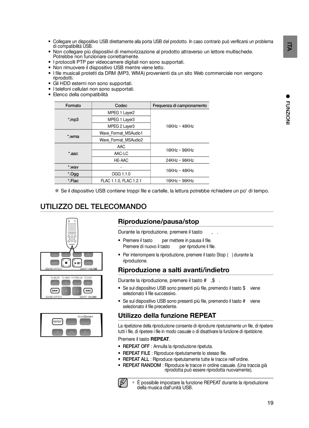 Samsung HW-H551/ZF manual Utilizzo DEL Telecomando, Power Riproduzione/pausa/stop, Riproduzione a salti avanti/indietro 