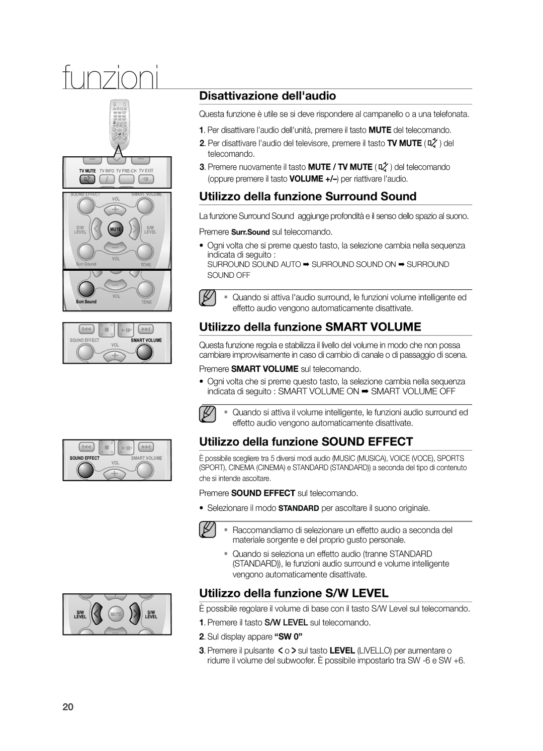 Samsung HW-H550/EN Disattivazione dellaudio, Utilizzo della funzione Surround Sound, Utilizzo della funzione Smart Volume 