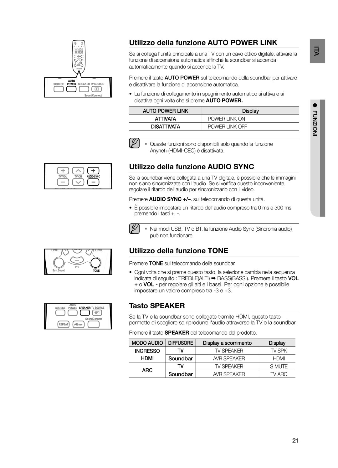 Samsung HW-H551/ZF, HW-H550/EN Utilizzo della funzione Auto Power Link, Utilizzo della funzione Audio Sync, Tasto Speaker 