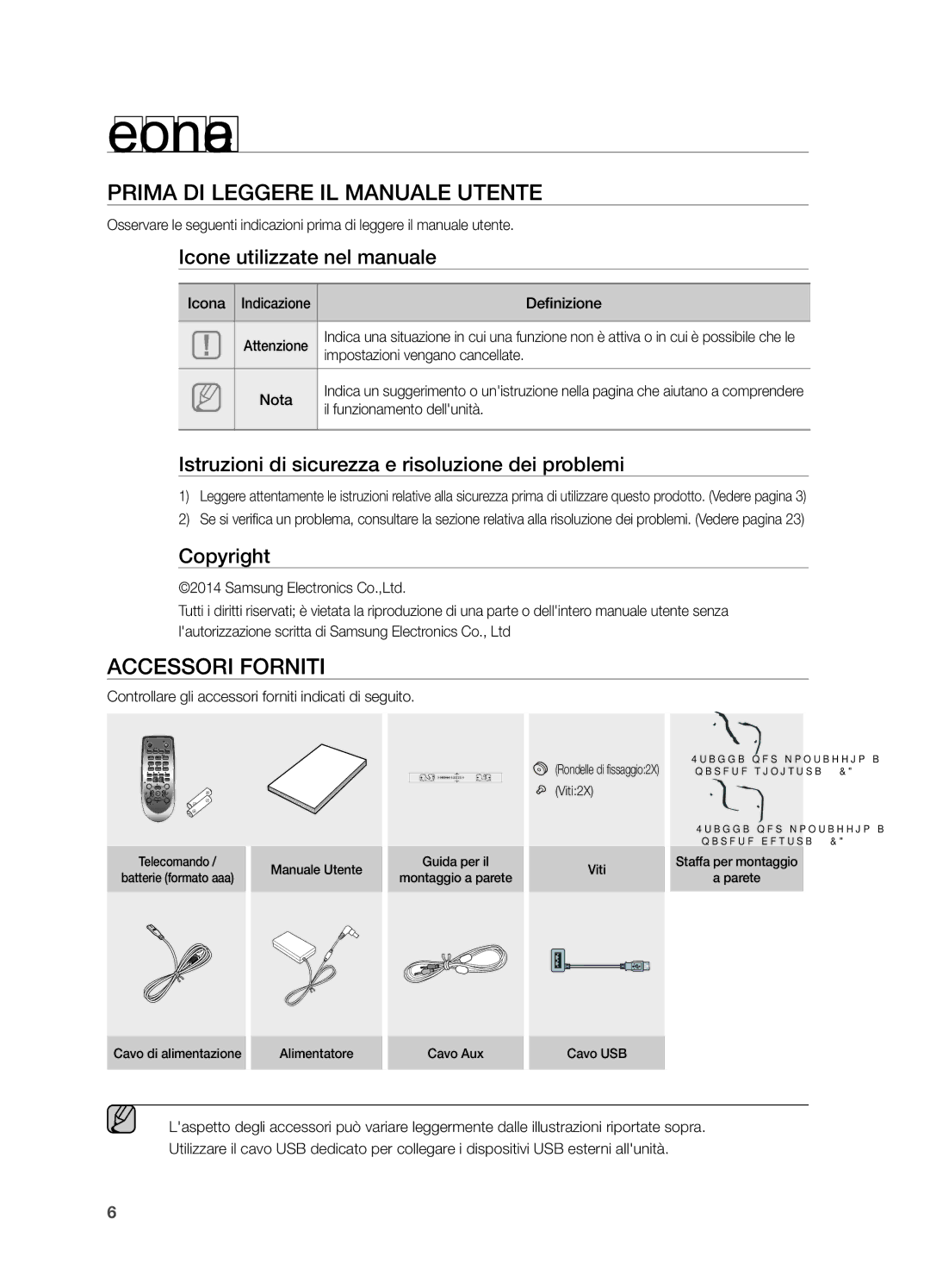 Samsung HW-H550/EN, HW-H551/ZF manual Per cominciare, Prima DI Leggere IL Manuale Utente, Accessori Forniti 