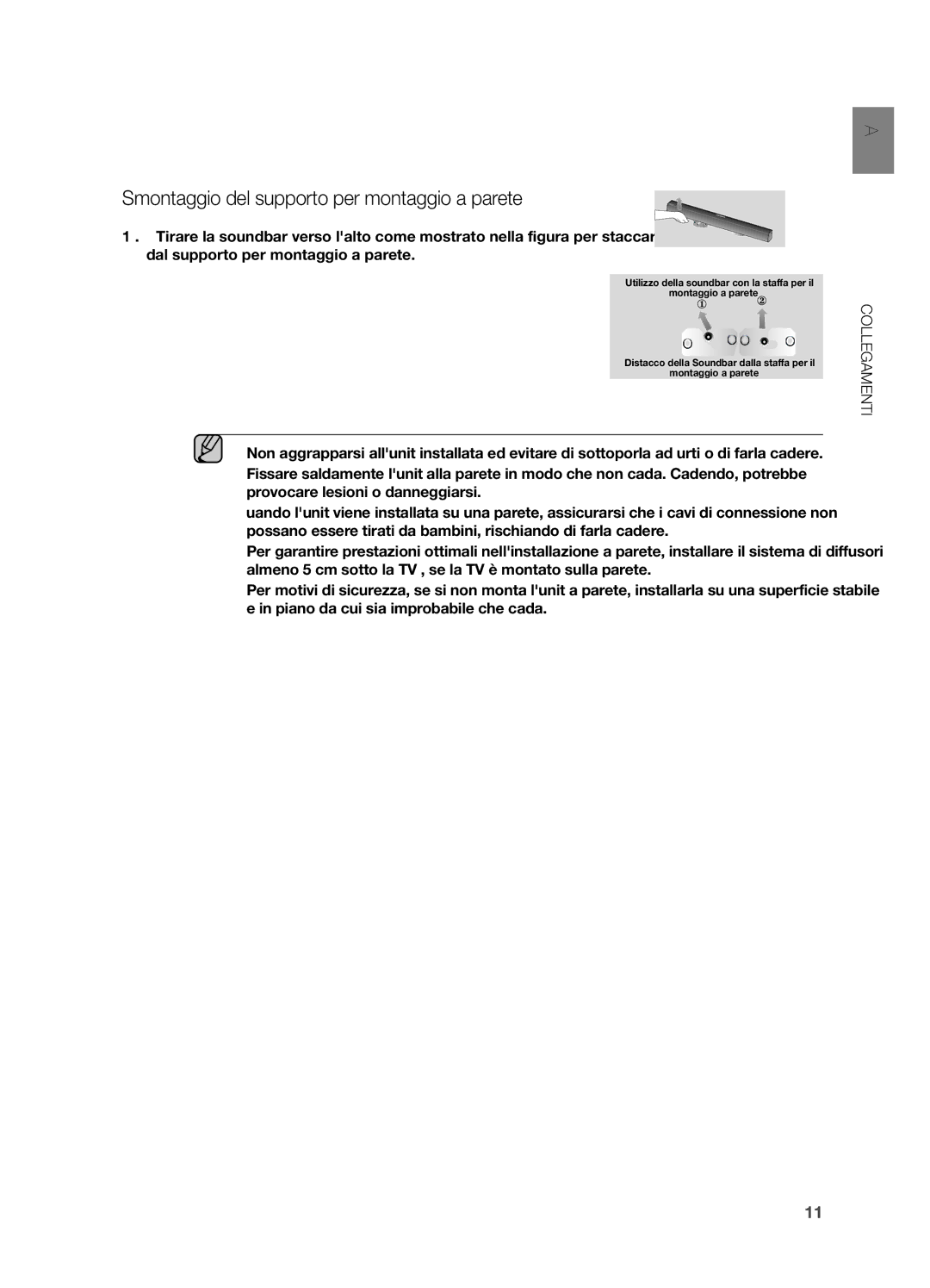 Samsung HW-H551/ZF, HW-H550/EN manual Smontaggio del supporto per montaggio a parete 