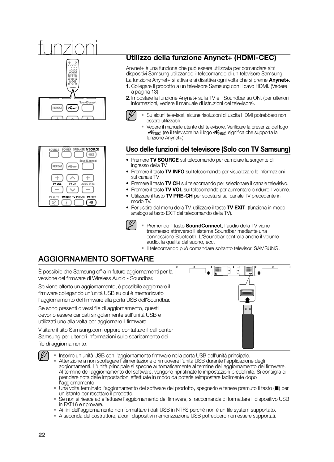 Samsung HW-H550/EN, HW-H551/ZF manual Aggiornamento Software, Utilizzo della funzione Anynet+ HDMI-CEC, Pagina 