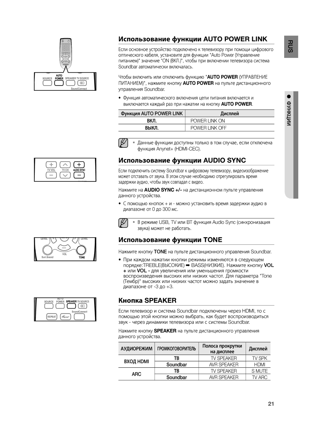 Samsung HW-H550/RU Использование функции Auto Power Link, Использование функции Audio Sync, Использование функции Tone 